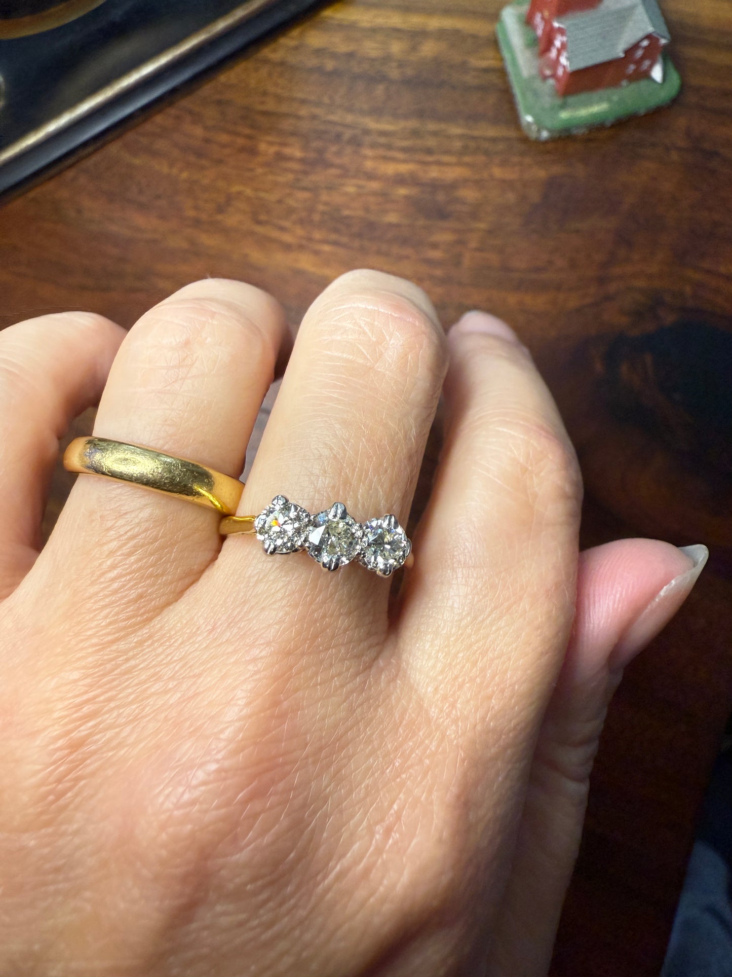 Antique One Carat Transitional Cut DIAMOND Three Stone Ring Prong Set Stacker Trilogy 18k Gold Platinum