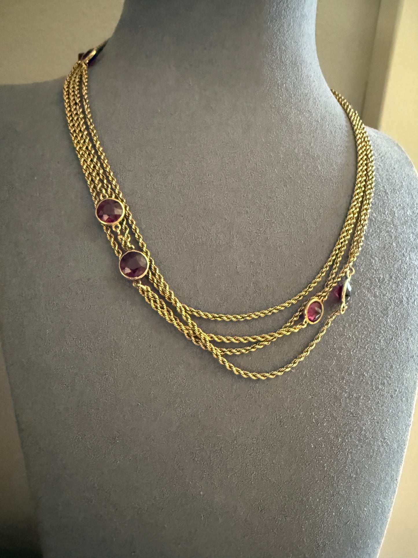 Victorian X Long Antique GARNET Station Chain Guard 67 Inch (!) 5.5 FEET 22g 14k GOLD Necklace Berry Pink Purple Neckmess Body Chain Gift
