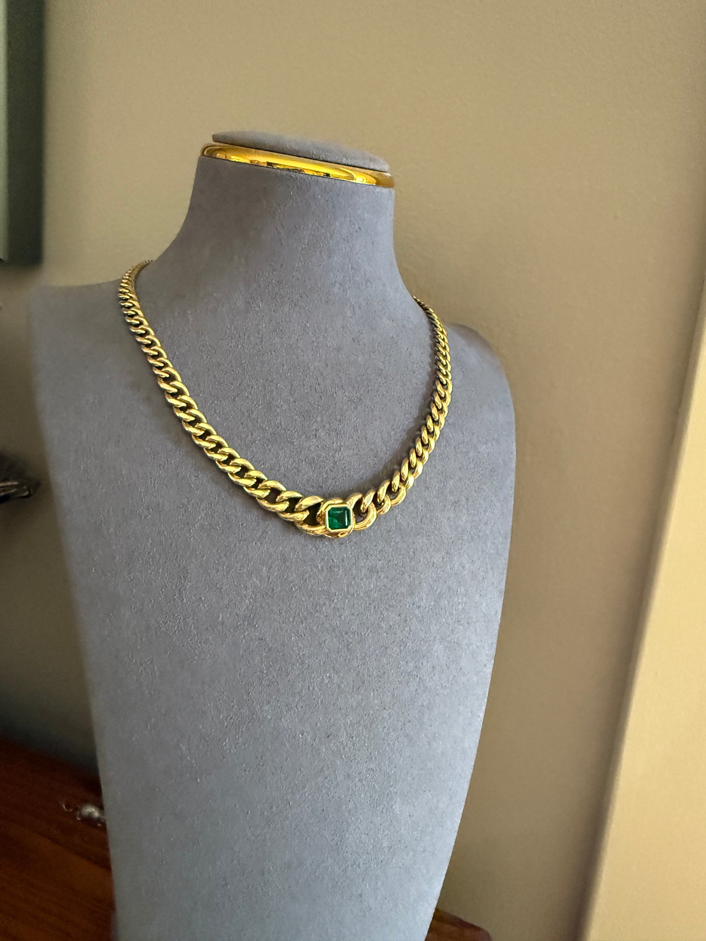 Vintage 26g 18k Gold Natural EMERALD French Curb Chain DATED Cert & ORIGINAL Gouache Drawing Design Heavy Unisex Chunky Green