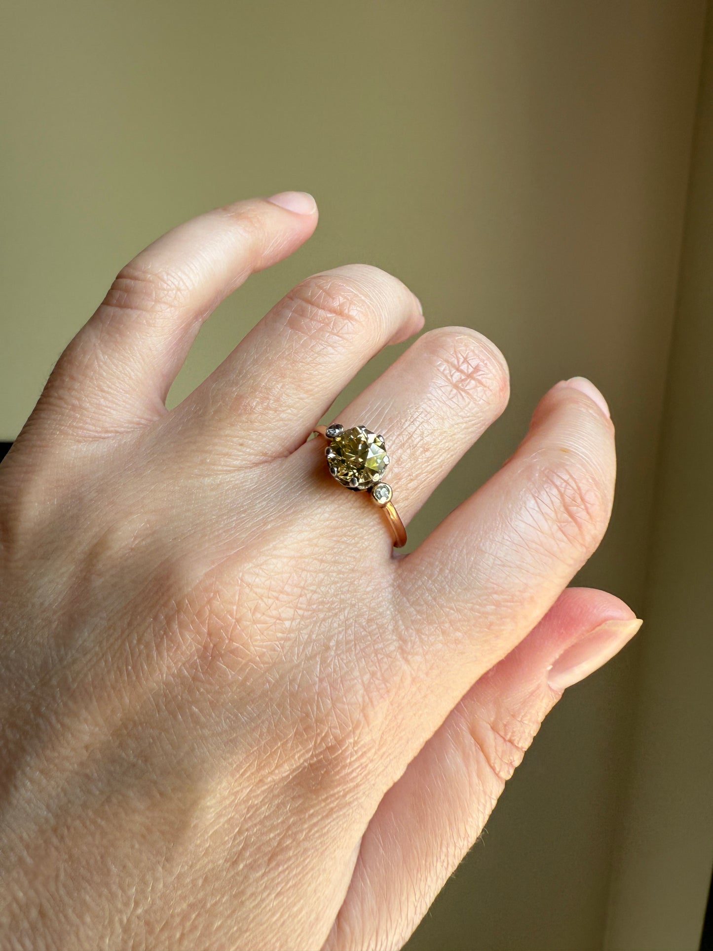 Antique Eye Clean Color Change 1.5 Carat Antique Fancy Champagne Green Yellow Old Mine Cut DIAMOND Solitaire Ring Three Stone 18k Gold