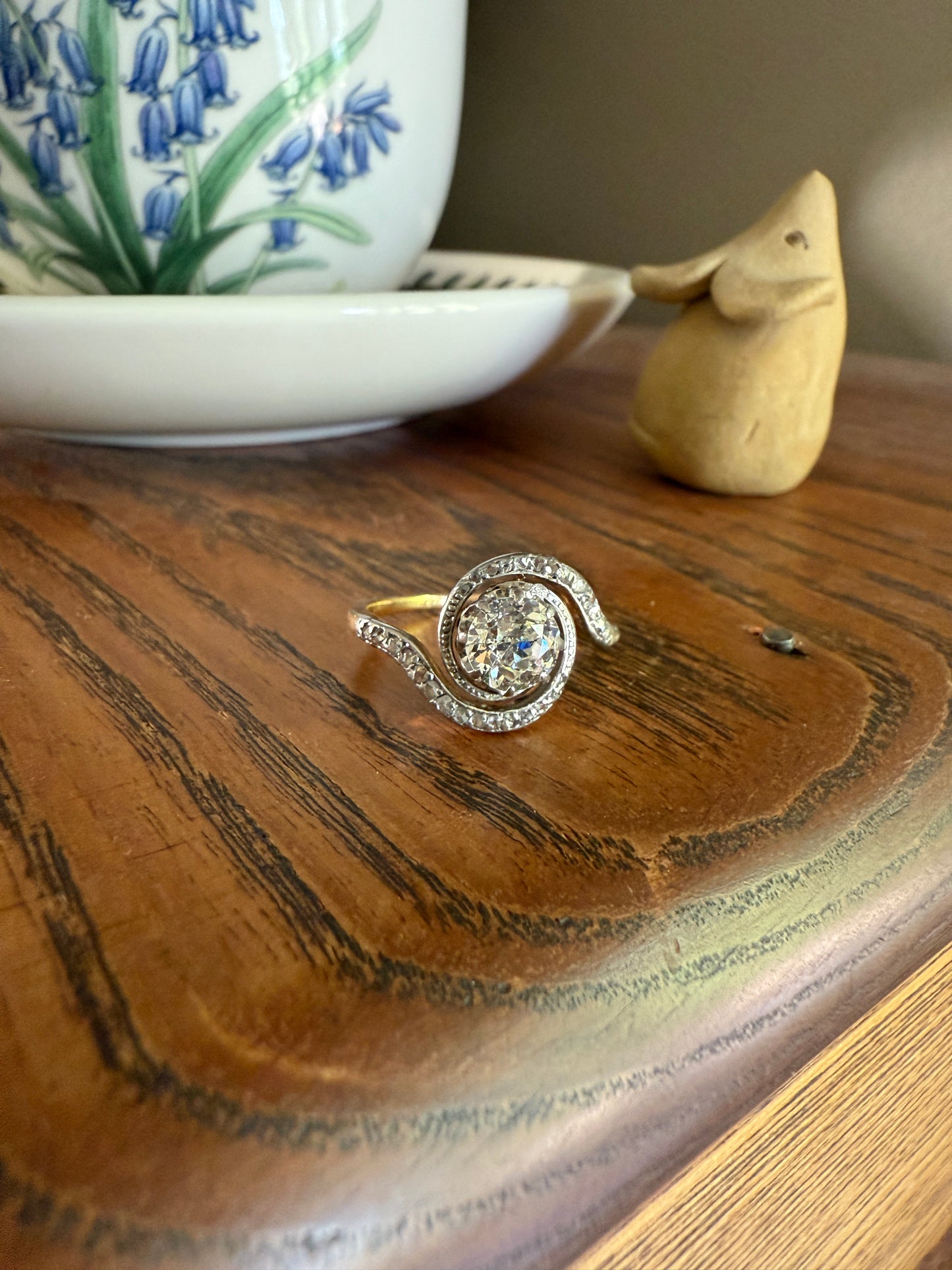 Turbillon French ANTIQUE Swirling 1.25 + Carat Old European Cut DIAMOND 18k Gold & PLATINUM Ring Bypass Rose Cut Halo
