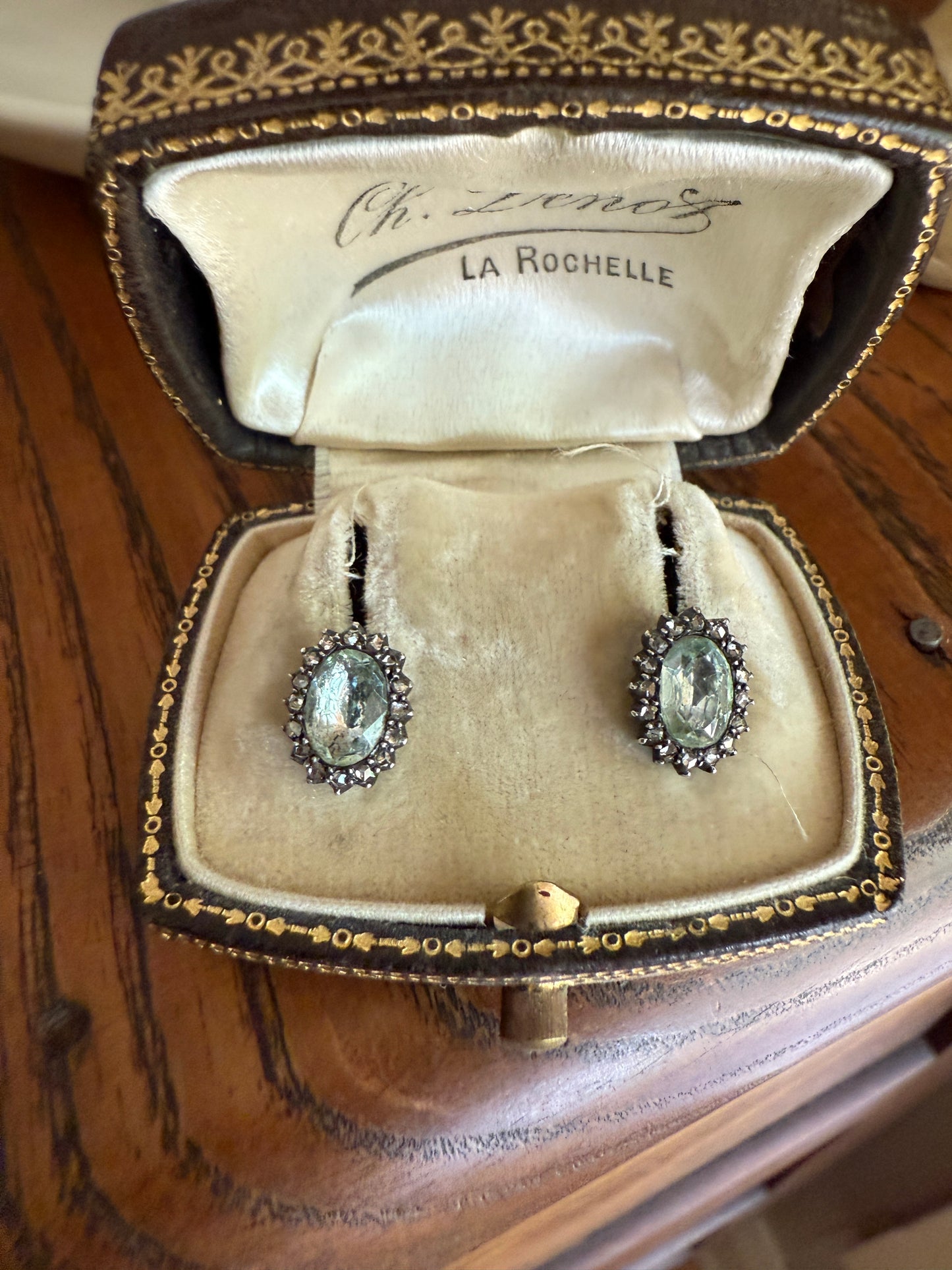 Antique Blue Green AQUAMARINE Rose Cut Diamond Halo STUD EARRINGS Georgian Victorian 18k 14k Gold