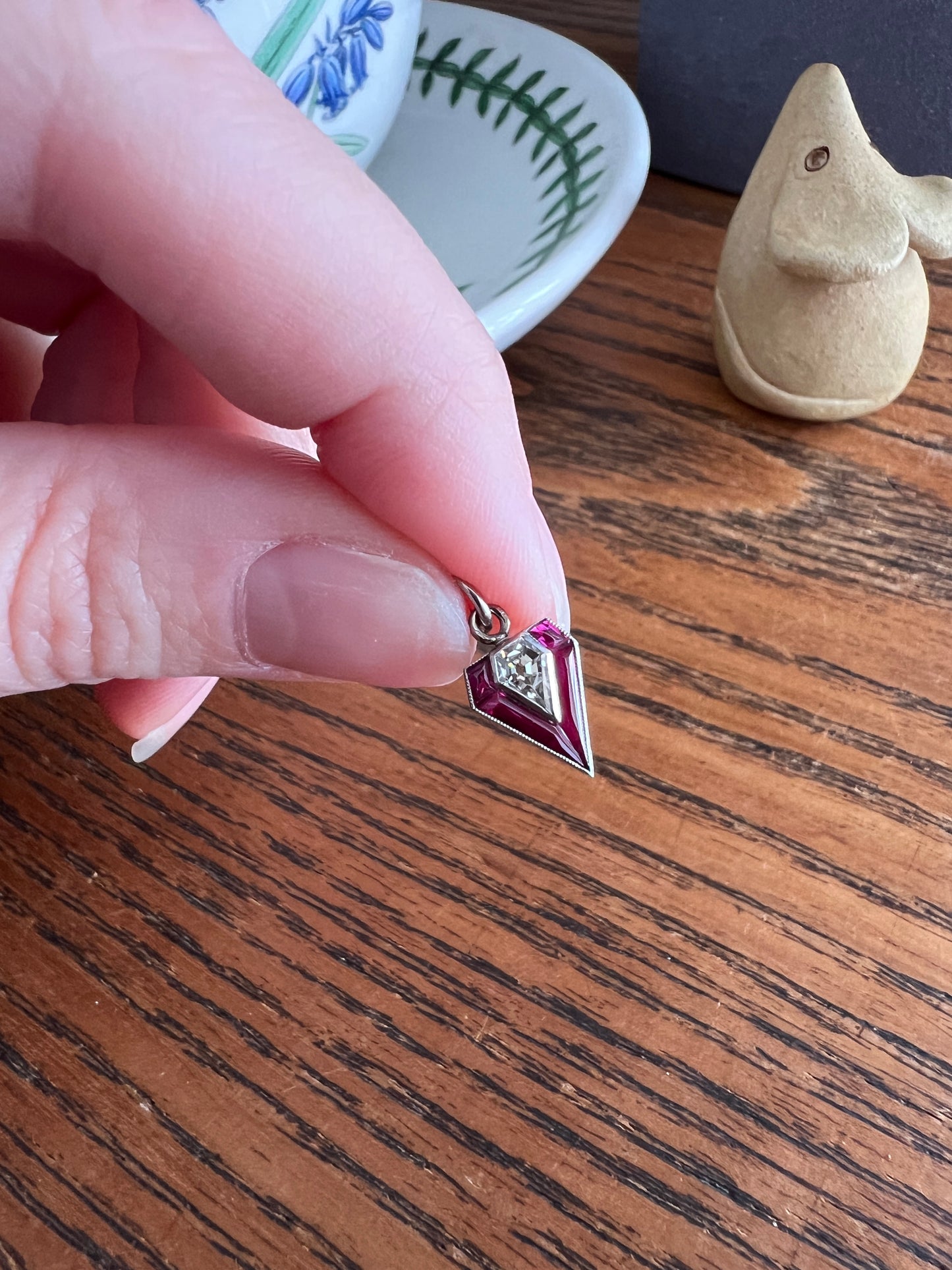 PENTAGON Antique RARE 5 Sided Shield Kite Lozenge Old Cut DIAMOND 18k White Gold Eye Clean Pendant Art Deco Pink Ruby Halo One of Kind Gift Charm
