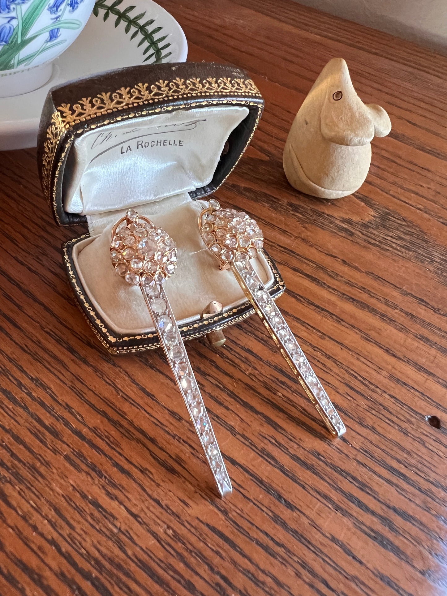 SPIKE French Antique 4 Carats 74 Rose DIAMOND Cluster Dangle Earrings 18k Gold 2.4" LONG Drop Rare
