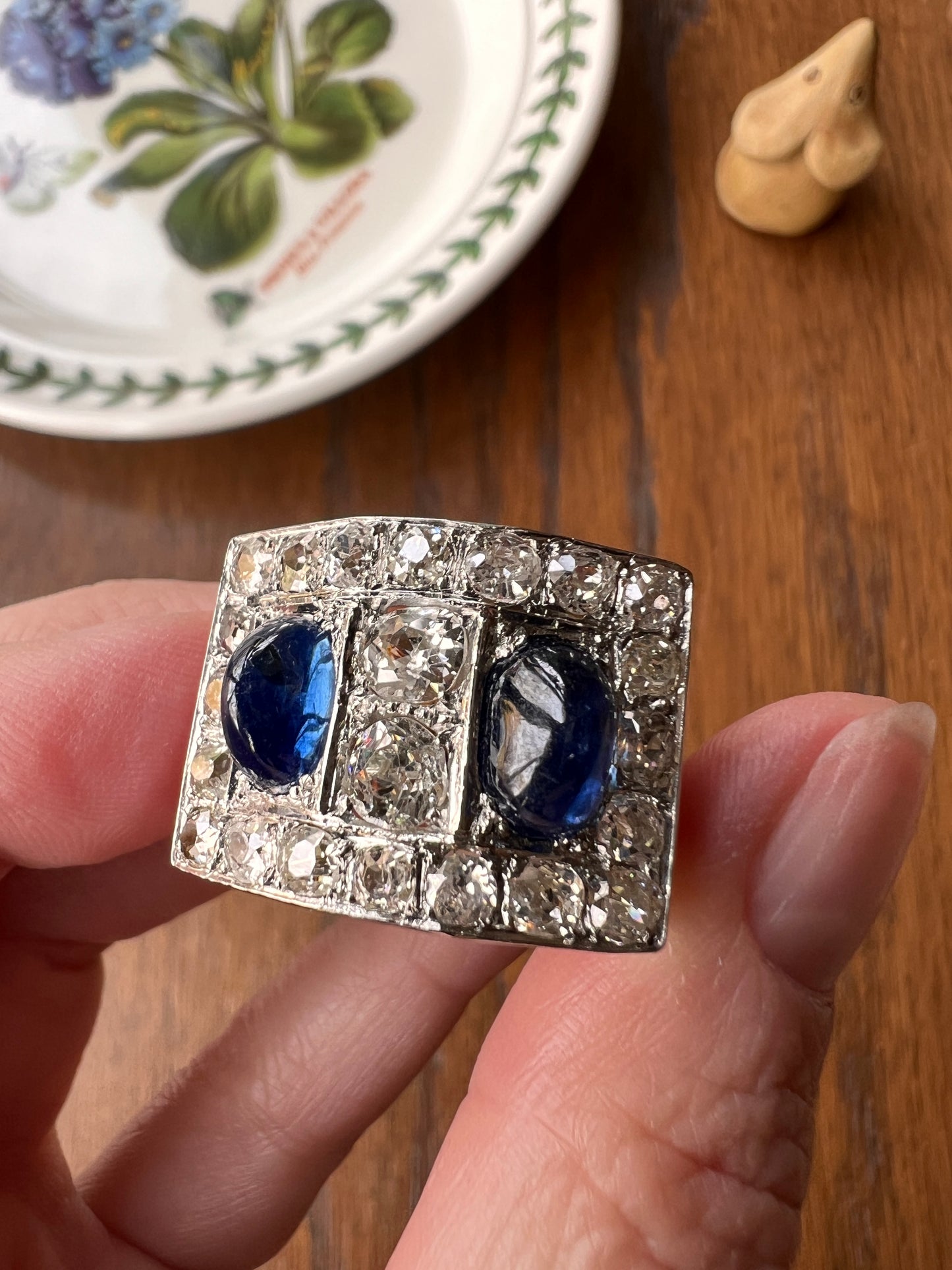 Mega 3.8 CARAT Old Mine Cut DIAMOND Two Sugarloaf Sapphire XL Heavy French Vintage 18k Gold Platinum Tank Ring Chunky Blue