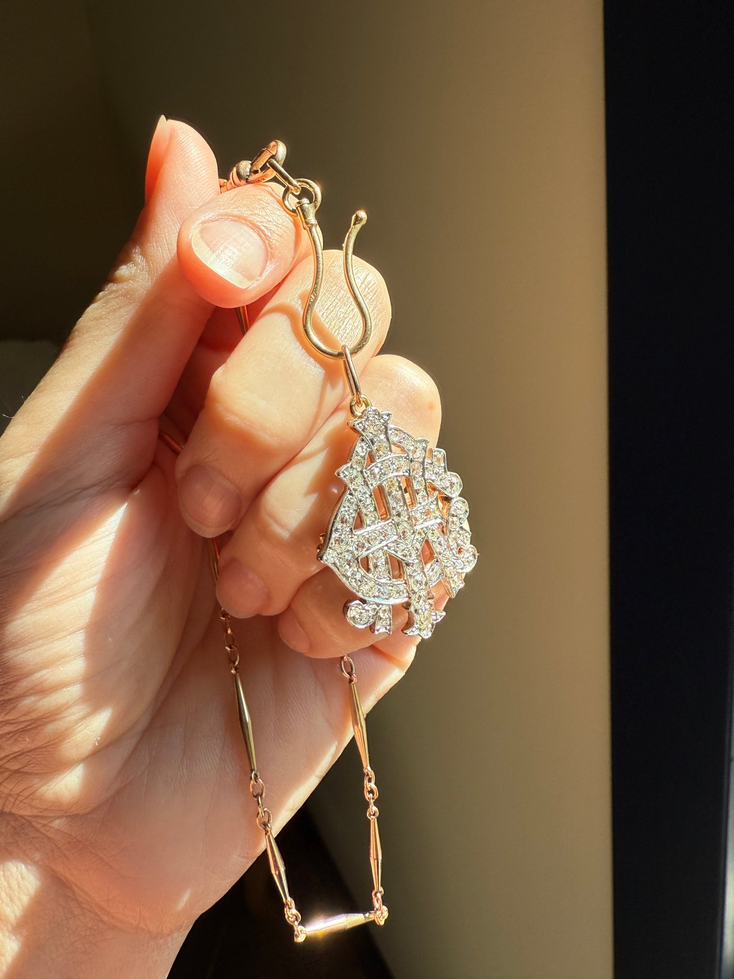 AEI Amity Eternity Infinity Antique 2.5 Carat Old Mine Rose Cut Diamond Initial XL Pendant Heavy Figural 14k Gold Platinum