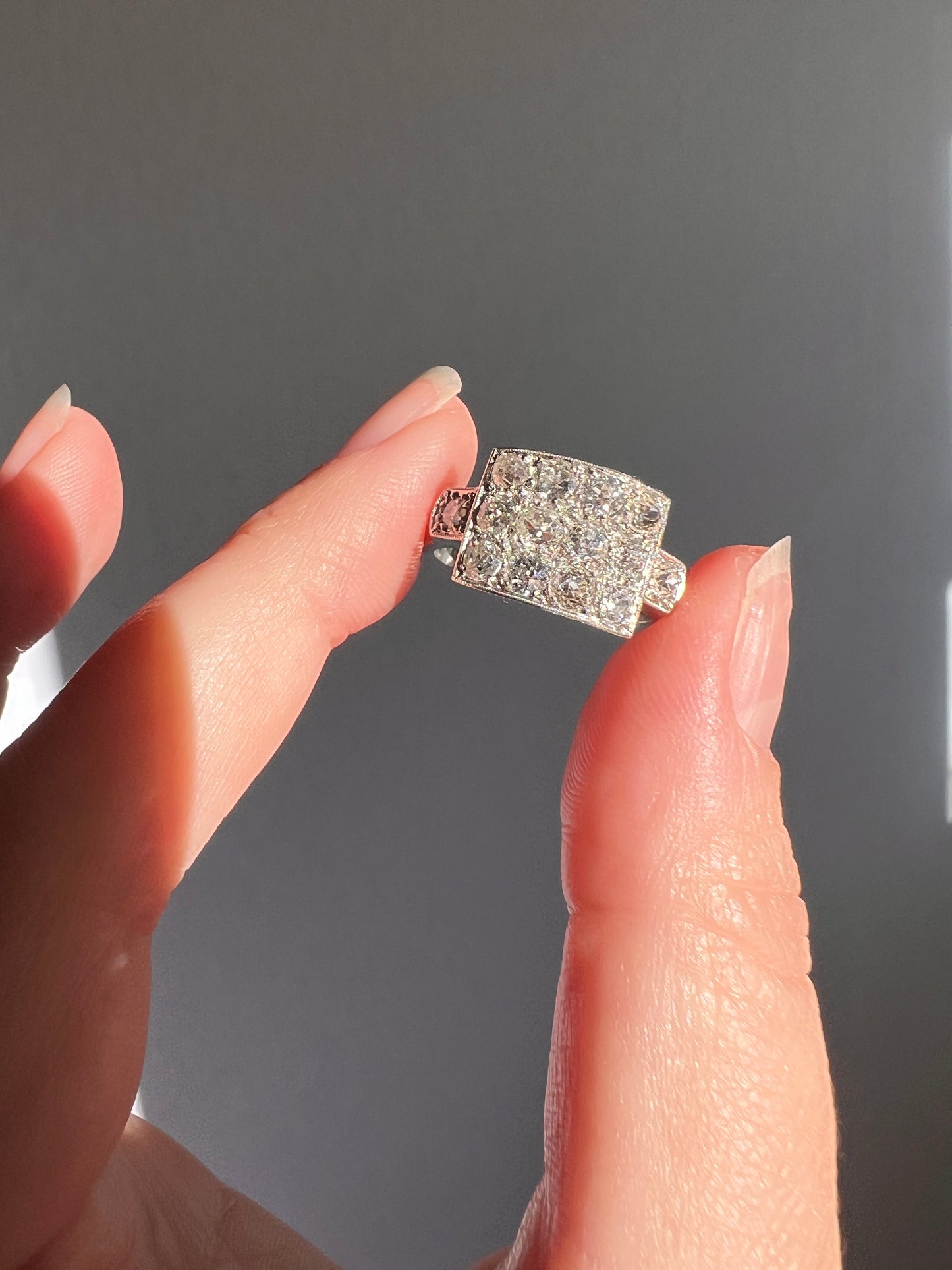 Two Carat 14 Old Mine Cut DIAMOND Curved Cluster Grid Ring French Antique Platinum Cobblestone