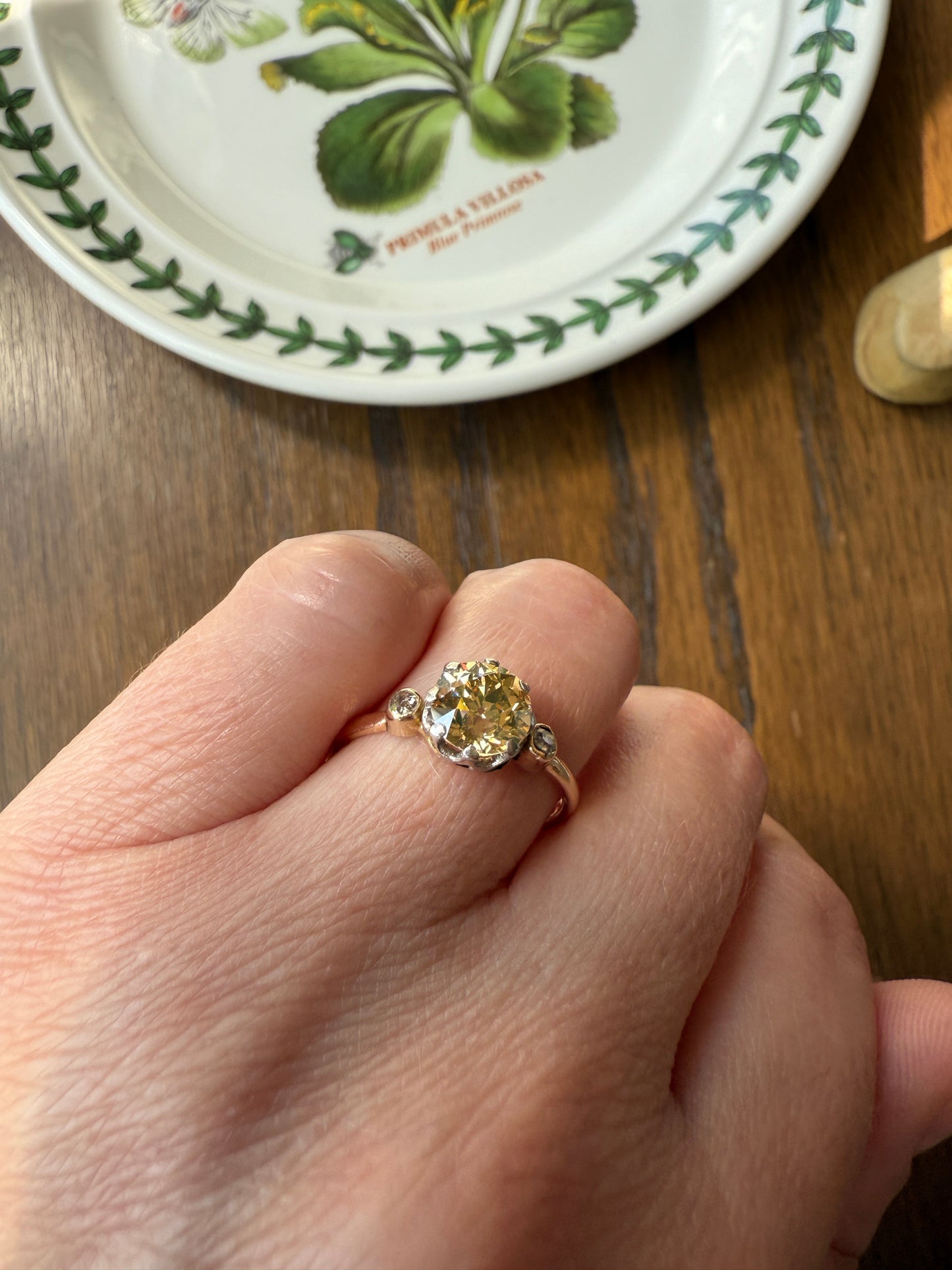 Antique Eye Clean Color Change 1.5 Carat Antique Fancy Champagne Green Yellow Old Mine Cut DIAMOND Solitaire Ring Three Stone 18k Gold