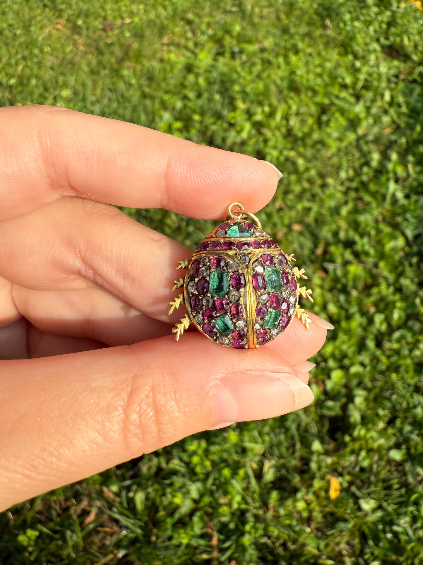 LADYBUG Large Antique Beetle Scarab Ruby Diamond Emerald Encrusted 14k Gold 3D Figural Pendant Domed Colorful Chunky