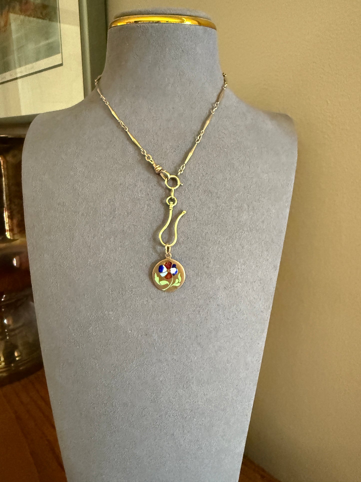 FLORAL Antique PANSY Enamel Flower Pendant Charm Victorian Enamel inlaid Brass Flower Medal Medallion Love Token Red Blue Green White
