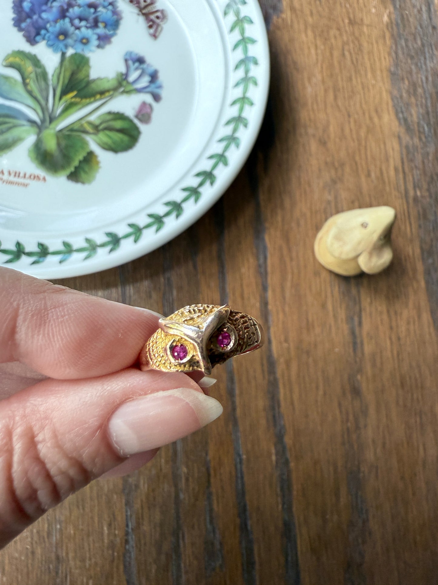 OWL French Vintage 18k Gold Perched Figural Ring Diamond and Ruby Eyes