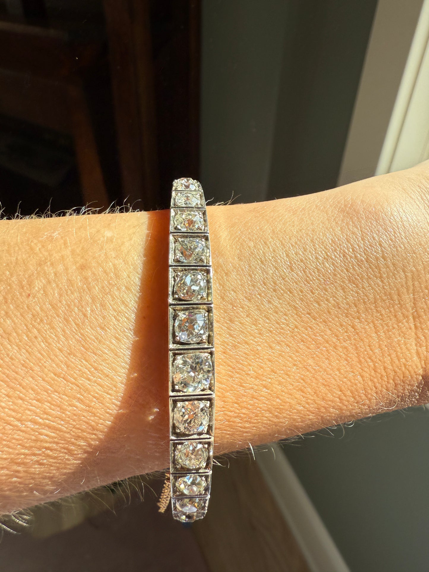 Antique 6.5 CARAT Old Mine Cut DIAMOND Hinged Bangle Line Bracelet 18k Gold Silver Top