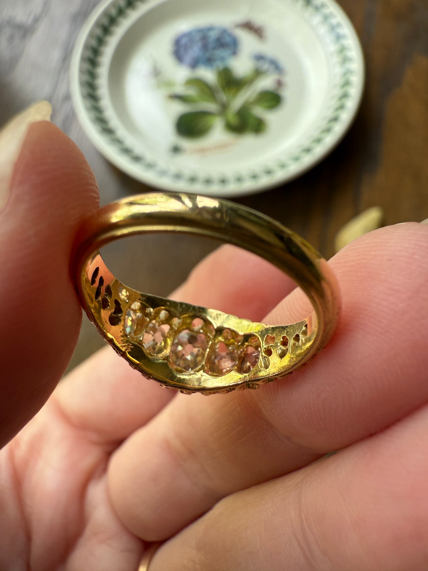Most Ornate Victorian Antique Chunky Five Stone 1.8 Carat Old Mine Cut Diamond Band 18k Gold Ring Stacker Crown Prongs