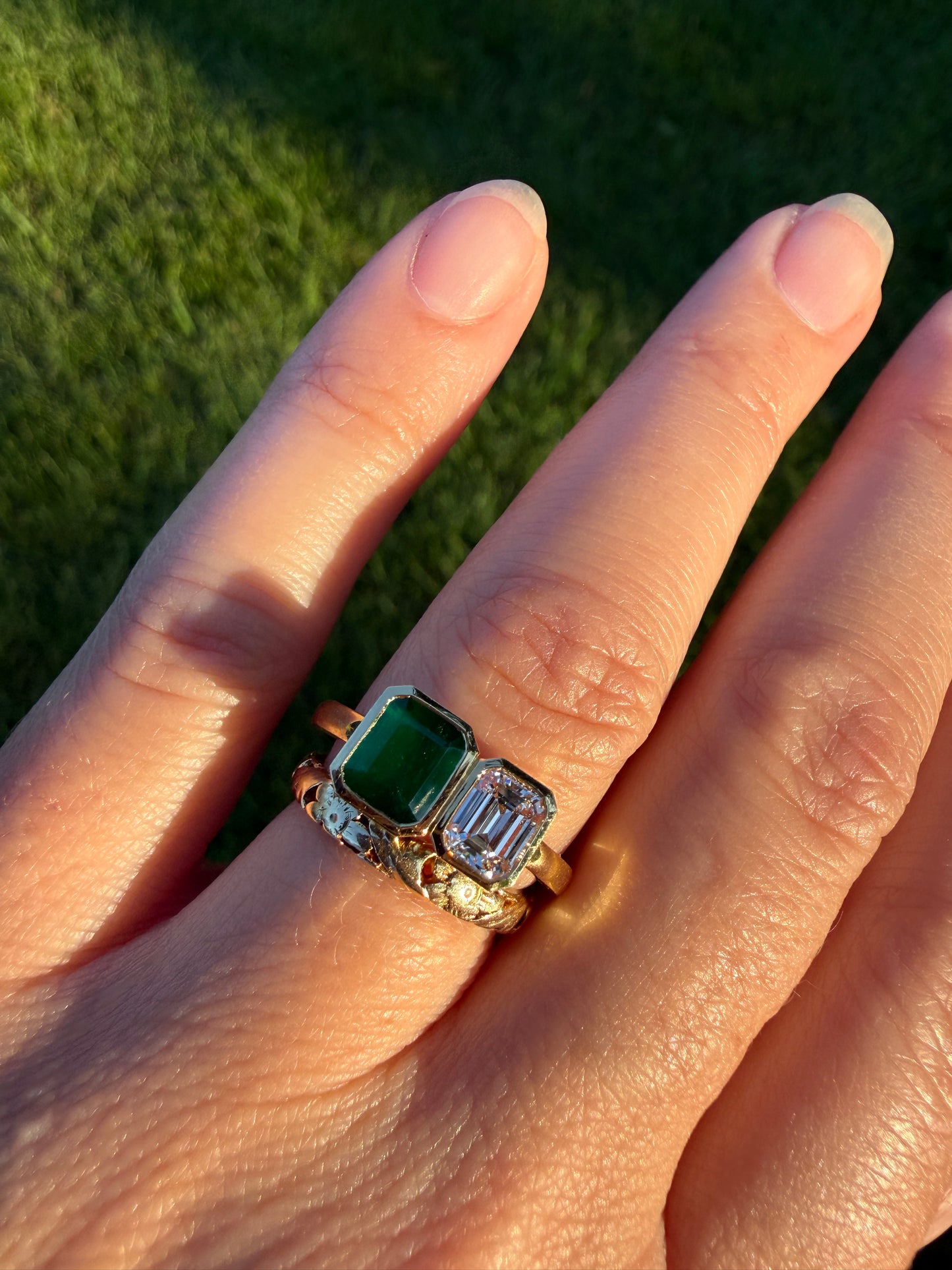 Vintage Emerald Cut Diamond Natural Green Emerald Toi et Moi Ring French 18k Gold Bezel Set Geometric Stacker Ring Unique Engagement
