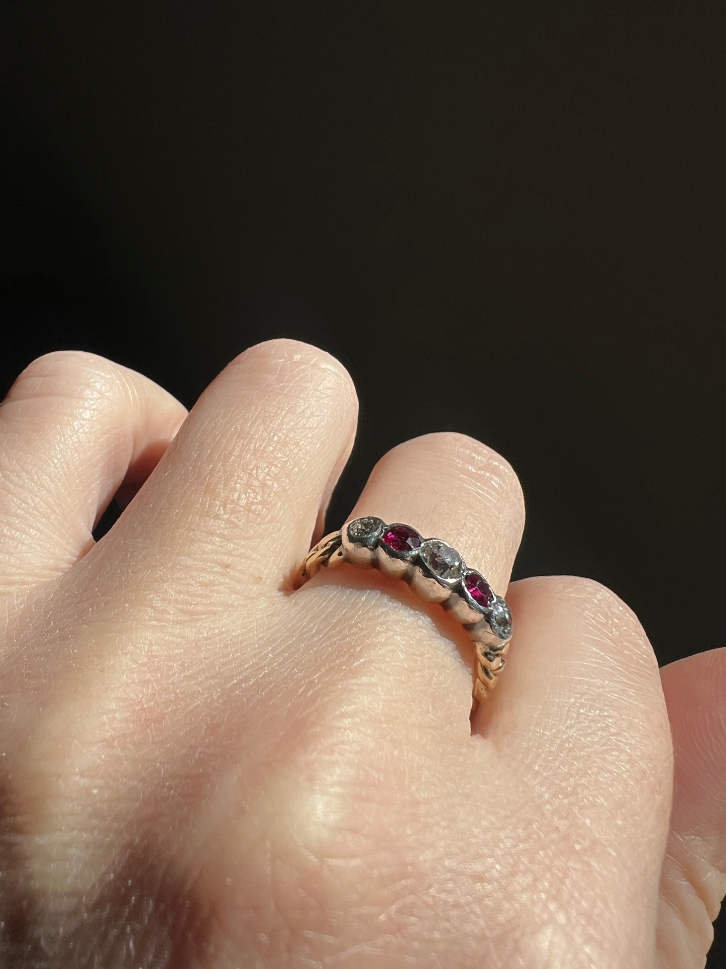 CURB CHAIN RING Antique Five Stone Old Mine Cut Diamond Ruby Five Stone Stacker Band Ring 18k Gold Silver Tall One of a Kind
