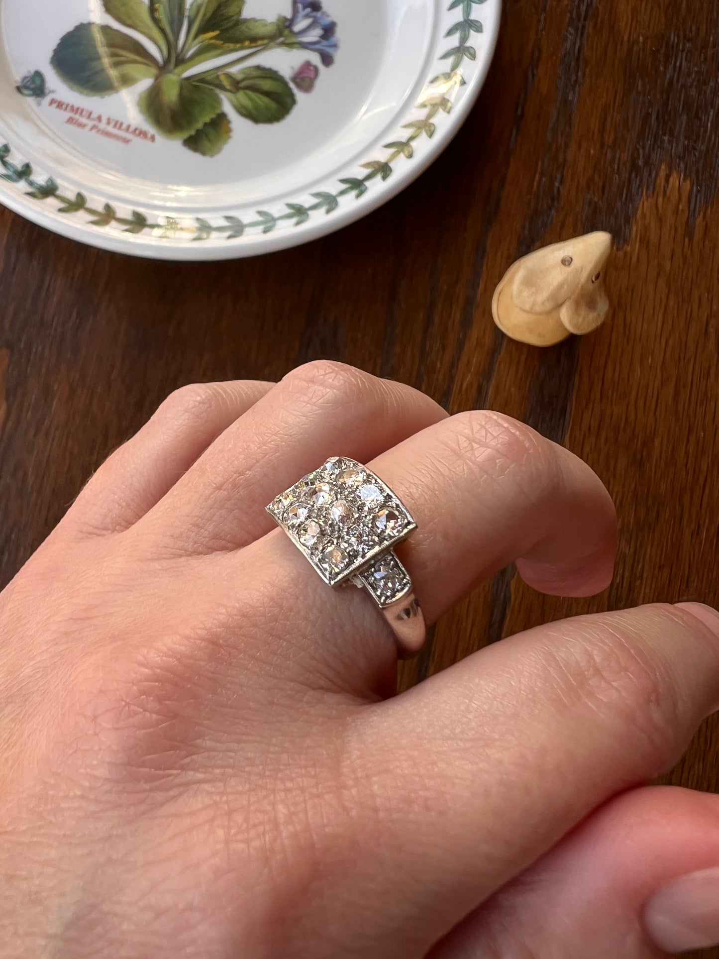 Two Carat 14 Old Mine Cut DIAMOND Curved Cluster Grid Ring French Antique Platinum Cobblestone