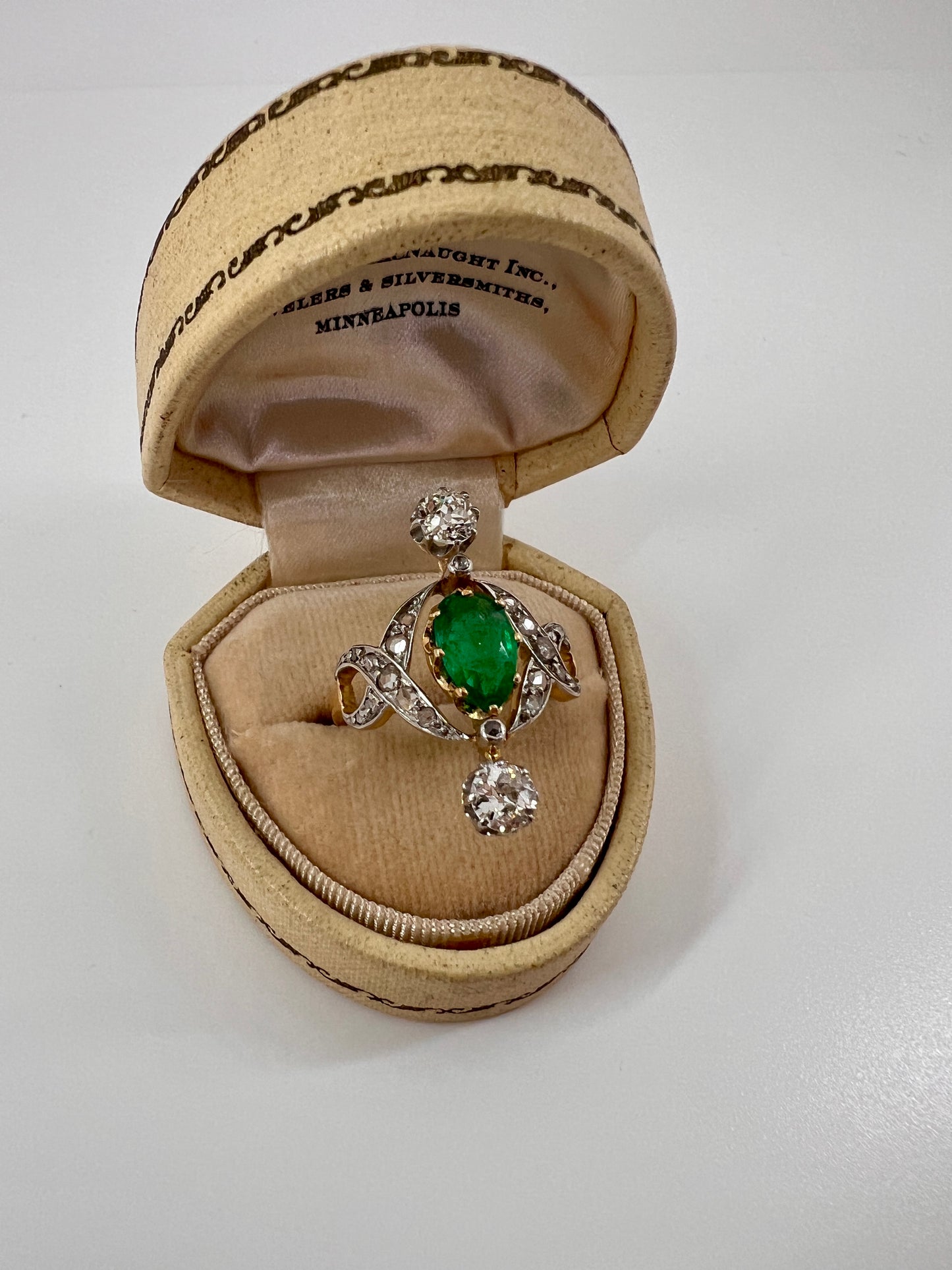 Antique Belle Epoque Pear EMERALD 1.5 Carat Rose Old Mine Cut Diamond XL Swirl Ring French 18k Gold