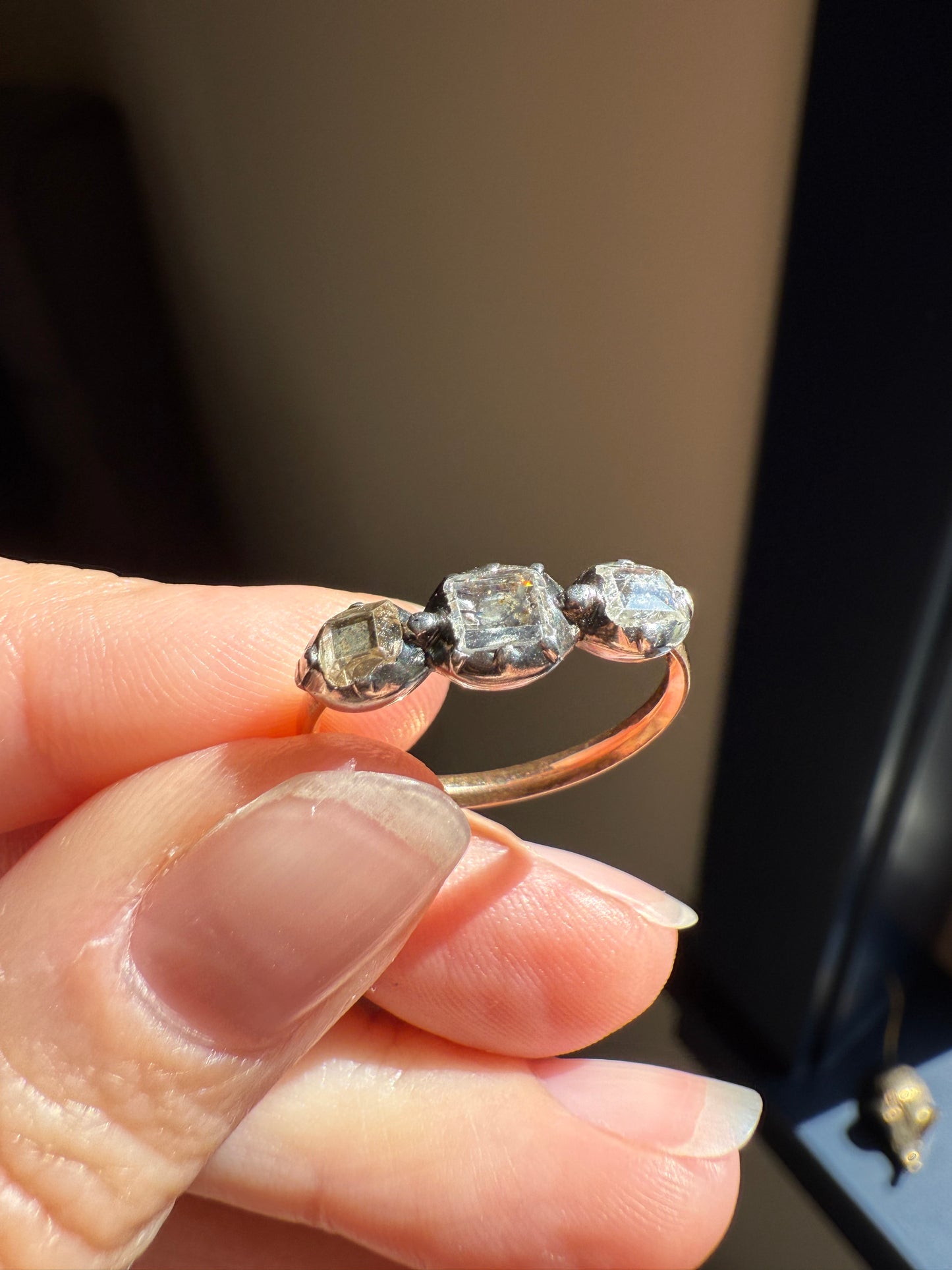 Table Cut DIAMOND Three Stone Stacker Band Antique 18k Gold Ring Half Hoop Romantic Gift Foil Silver Collet Georgian Victorian