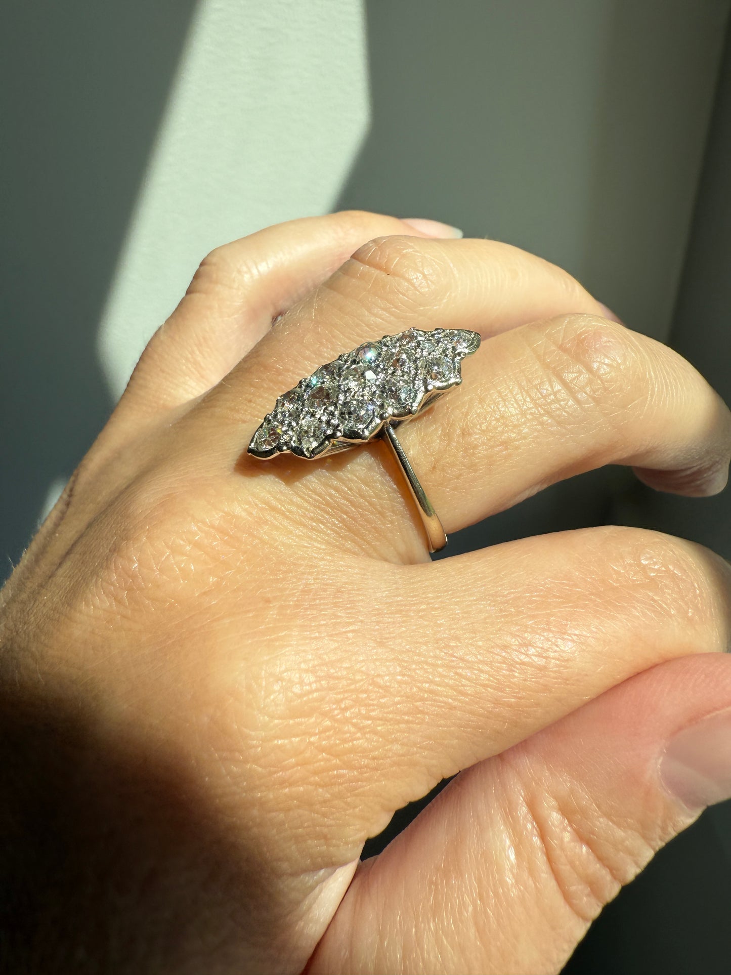 TALL Unique 2.3 Carat Old Mine Cut DIAMOND Navette Cluster Ring French Vintage 18k White Gold Demi Bezel Halo Cobblestone Texture 2.3Ctw OMC