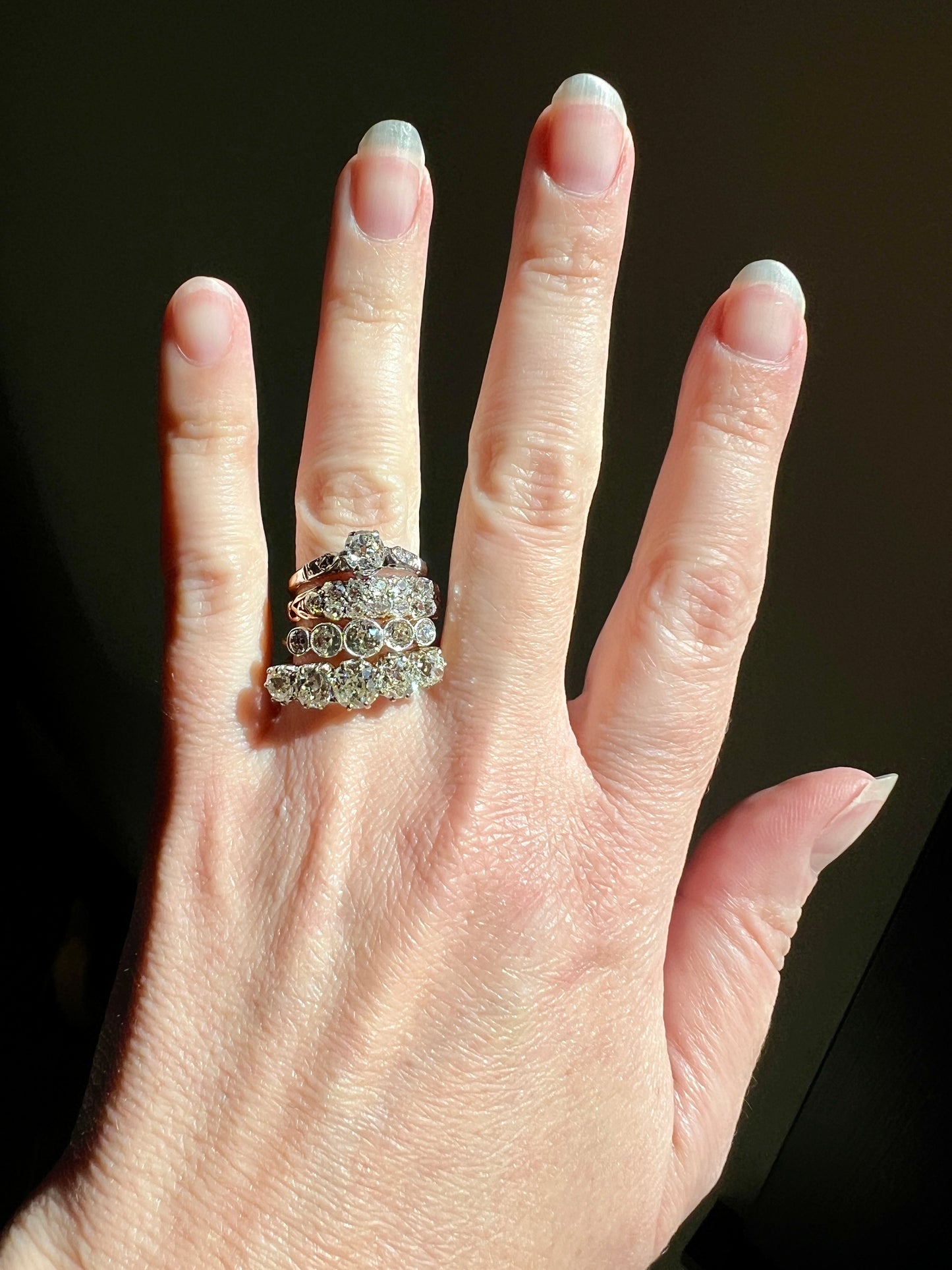 Antique One Carat Champagne White Old Mine Cut DIAMOND 18k Gold Platinum Five Stone Ring Bezel Set Band