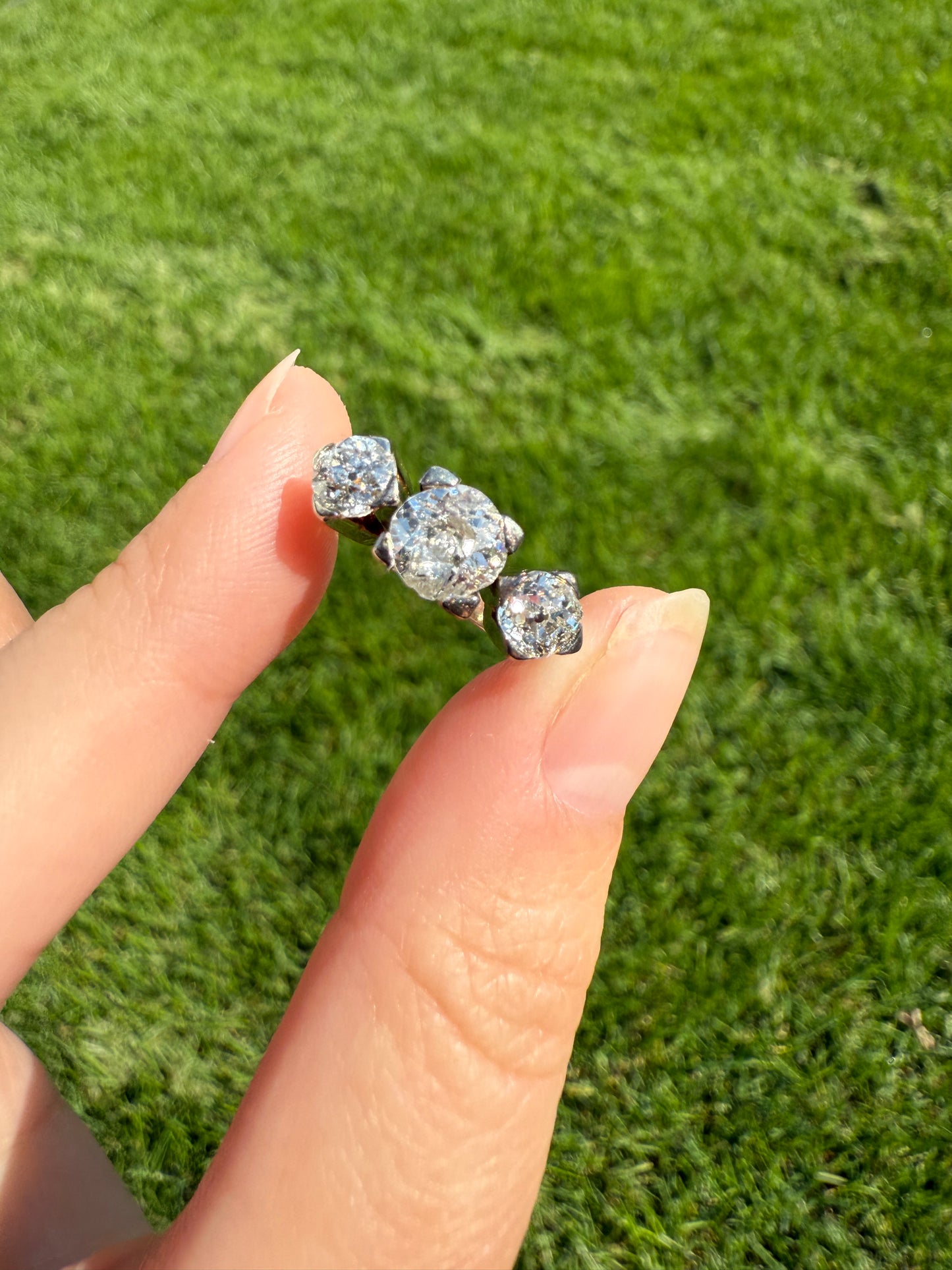 TALL Antique 2 CARATS Three Stone Chunky Old Mine Cut Diamond Ring 18k White Gold Art Deco