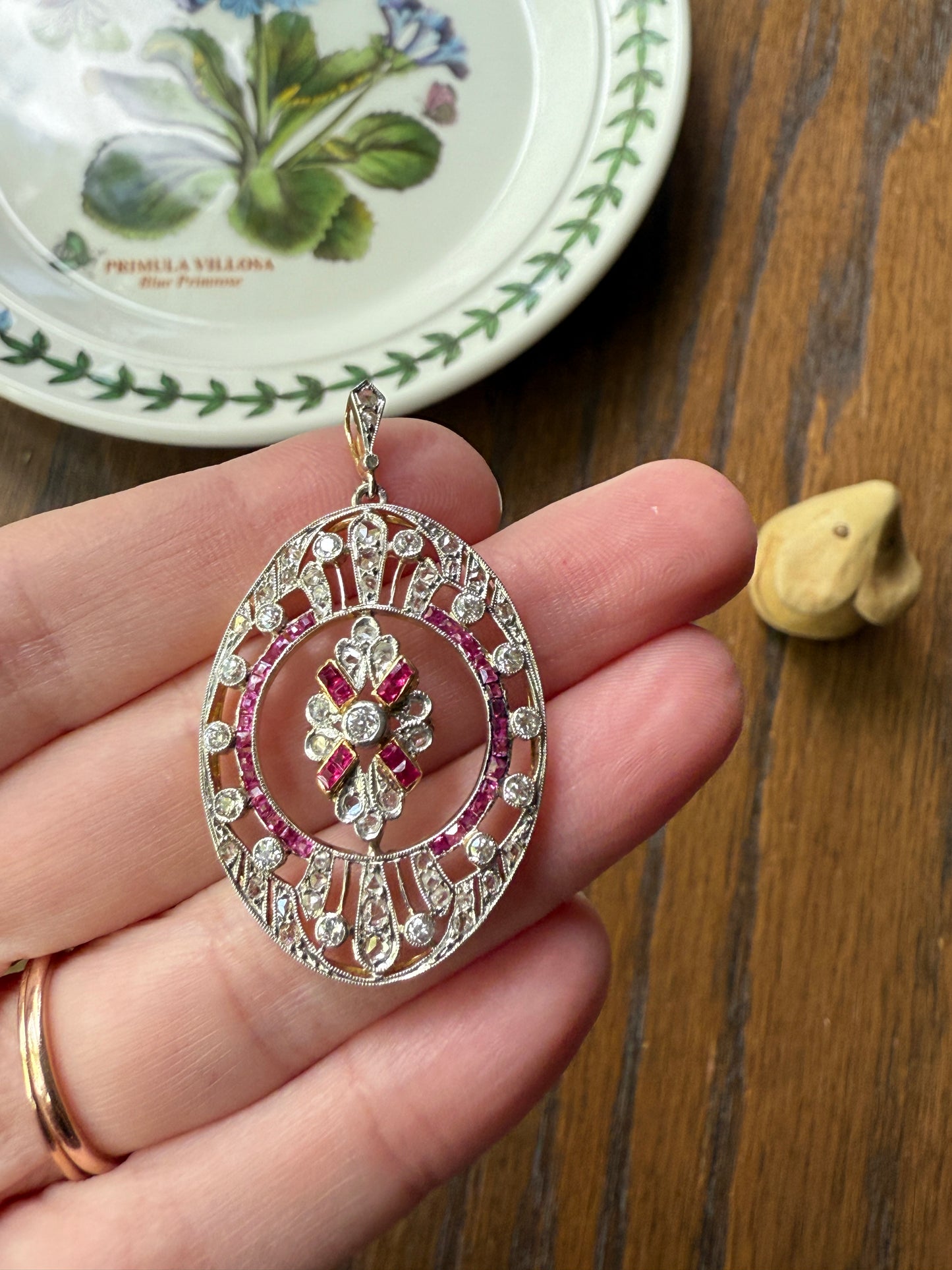 XL French Edwardian Ruby 1.75 Carat Old Mine Rose Cut DIAMOND 18k Gold Oval Pendant Open Work Medallion Pink Carre Cut Halo
