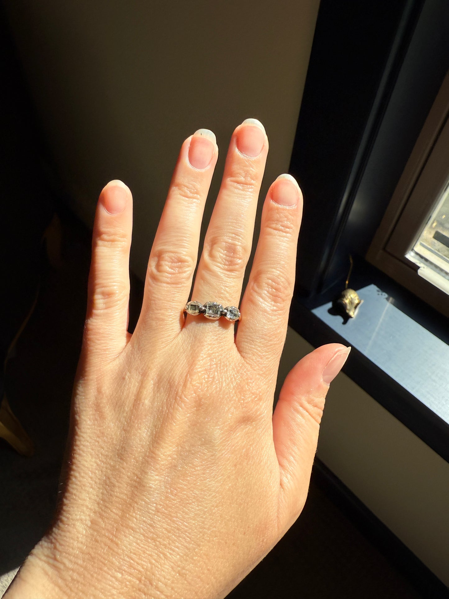 Table Cut DIAMOND Three Stone Stacker Band Antique 18k Gold Ring Half Hoop Romantic Gift Foil Silver Collet Georgian Victorian
