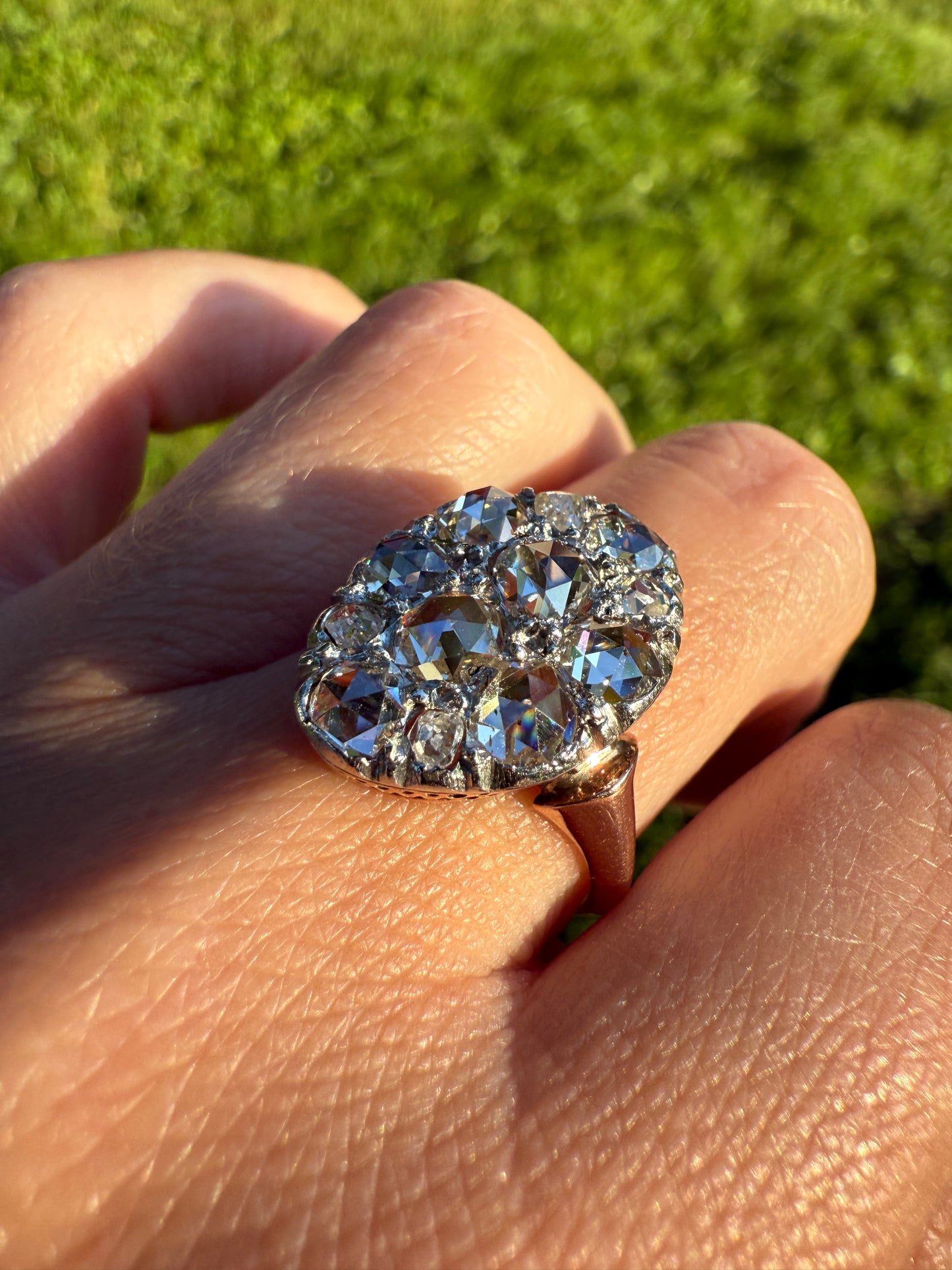 Extraordinary French Antique 3 Carat Scale Dutch Rose Cut DIAMOND 18k Gold Platinum Cluster Oval Stacker Rare Disco Ball Bauble