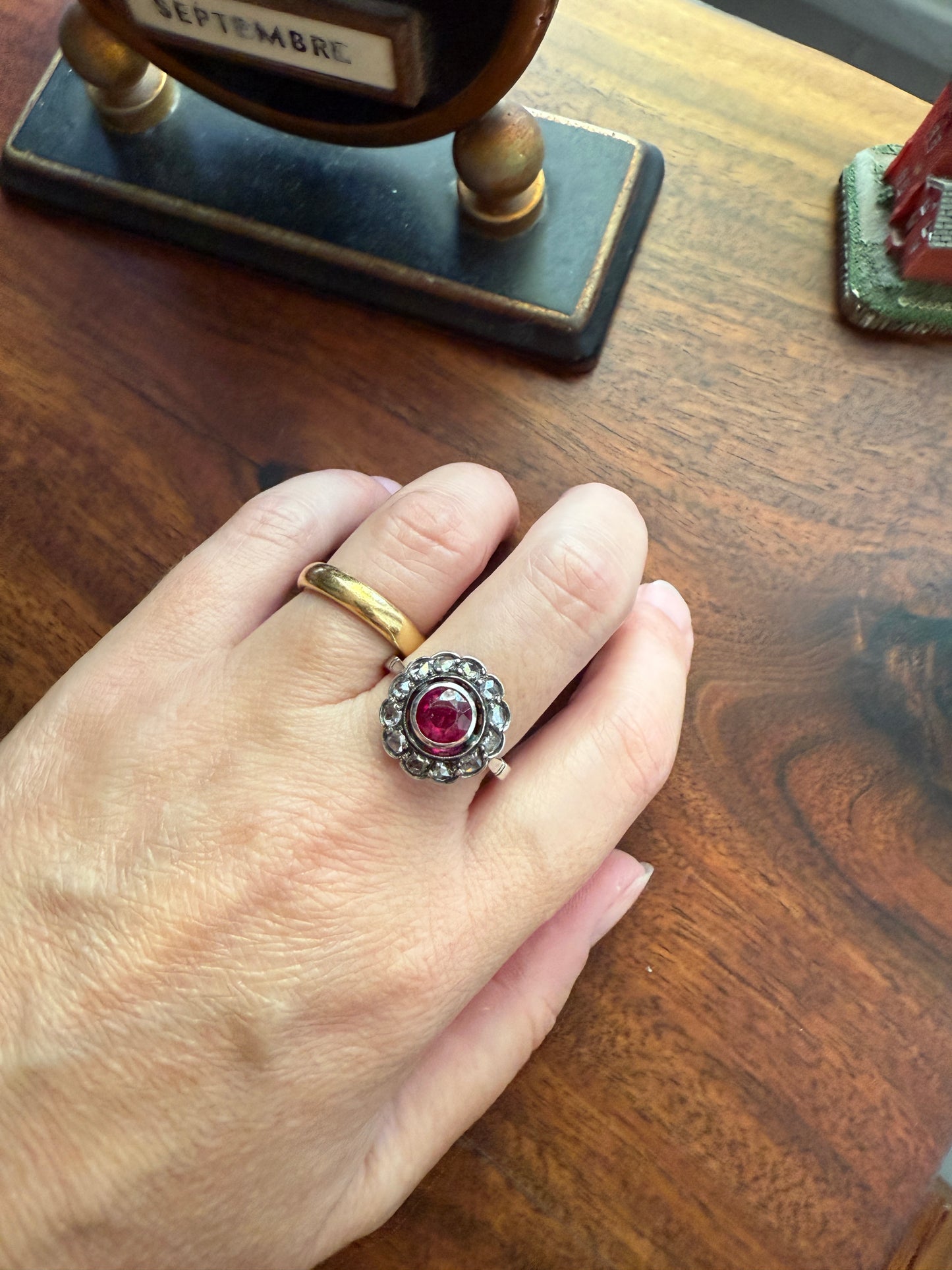 Antique Ruby & Rose Cut Diamond Halo Cluster Ring Pink Red Solid Silver French Edwardian Stacker