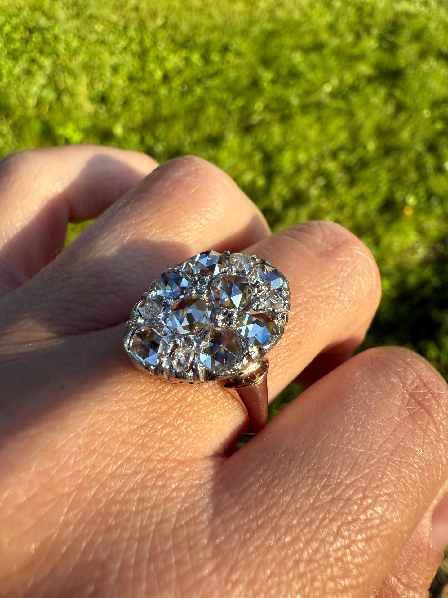 Extraordinary French Antique 3 Carat Scale Dutch Rose Cut DIAMOND 18k Gold Platinum Cluster Oval Stacker Rare Disco Ball Bauble