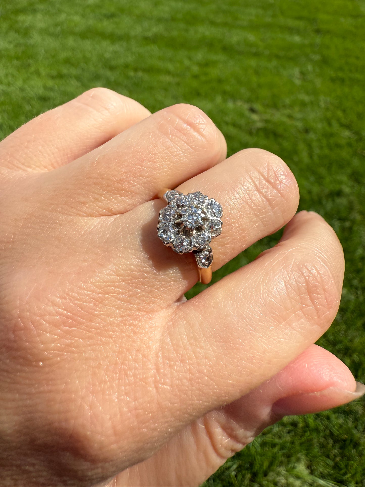 OVAL .9 Carat Old Mine Cut DIAMOND Cluster Ring Victorian French Antique Hallmark 18k Gold Band Platinum