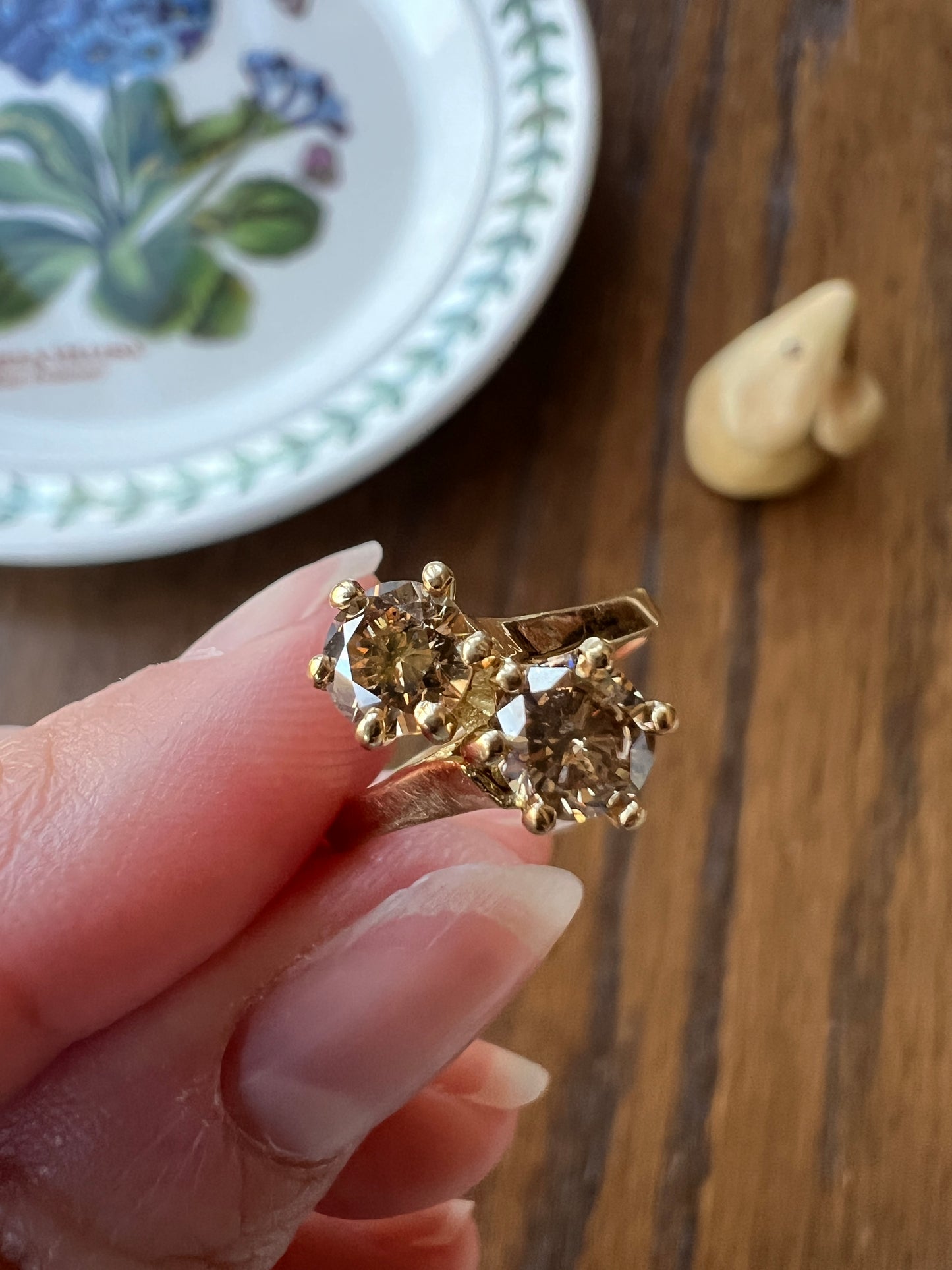 Fancy BROWN 1 Carat Tdw Transitional Cut DIAMOND Toi et Moi Ring 18k Gold Tall Champagne Cognac Stacker French Romantic Gift