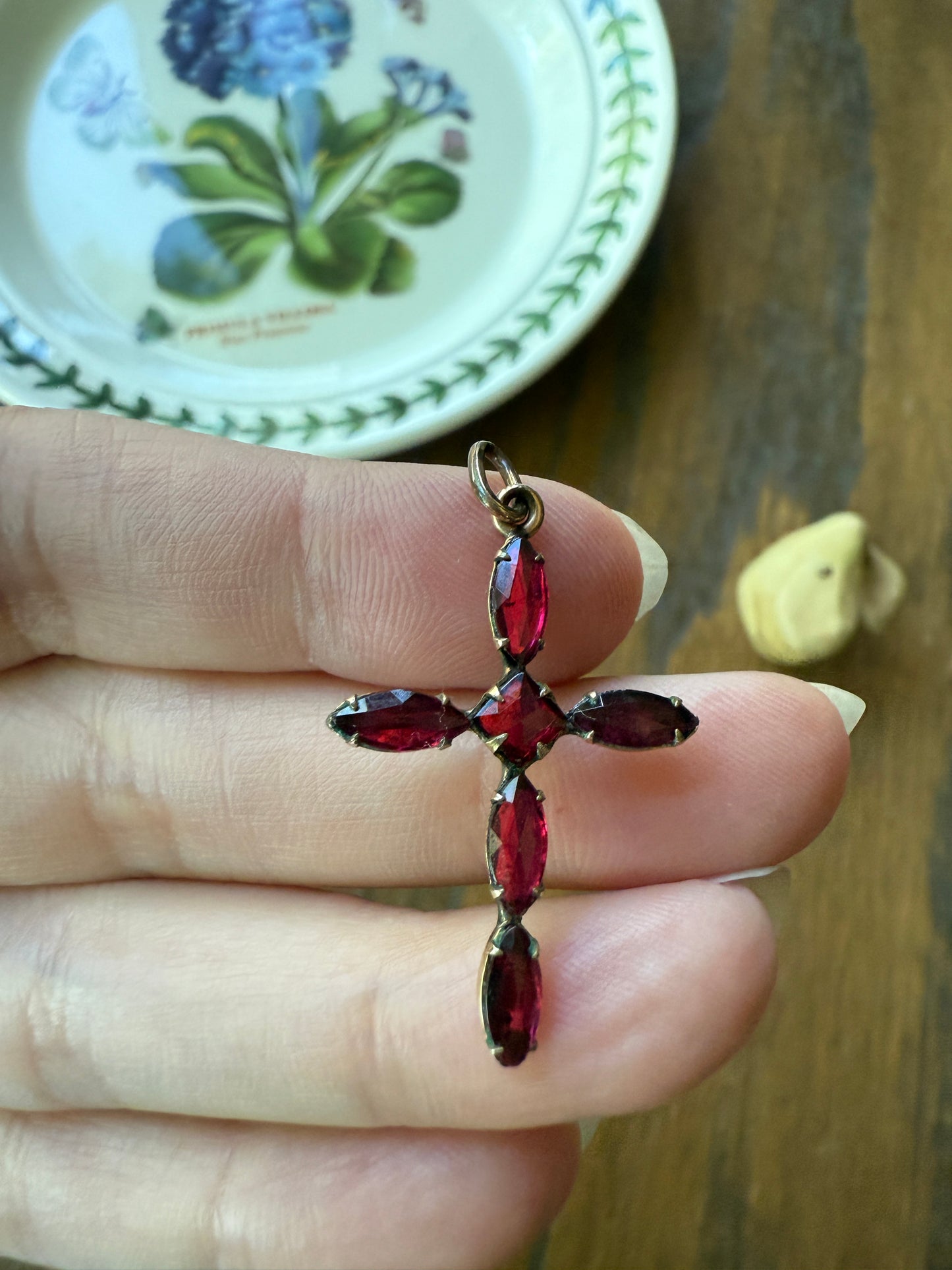 CROSS Figural Pendant French Antique Gold Fill Vibrant Pink Fuchsia Paste Rhinestone Faux Perpignan Garnet Marquise