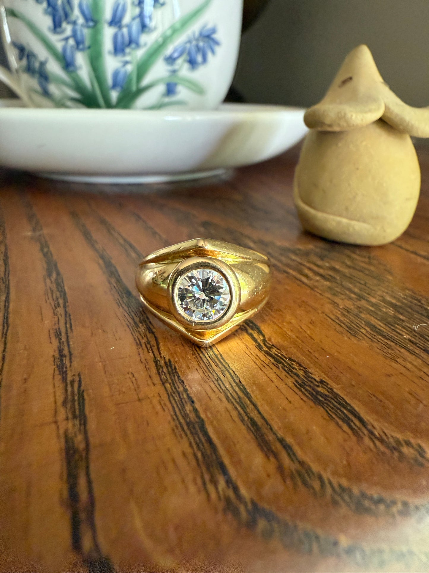 Vintage 1 Carat VVS1 A+ Quality DIAMOND Chevron Ring With DATED RECEIPT French 18k Gold Unisex Gypsy Solitaire Chunky Wide Band