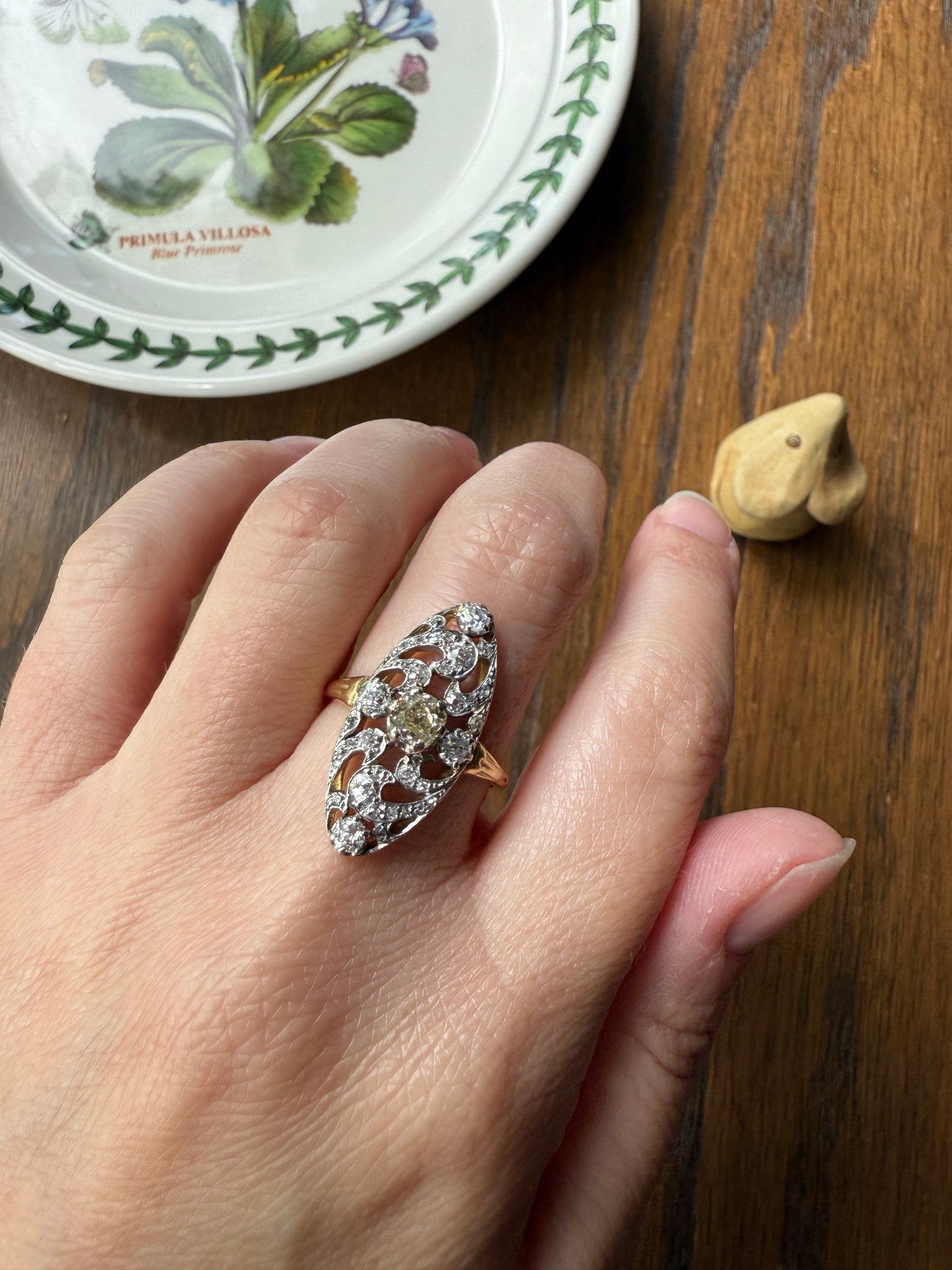 Ornate 1 Carat + French Belle Epoque Oval Old Mine Rose Cut Diamond Pale Light Yellow Center 18k Gold Platinum Scroll