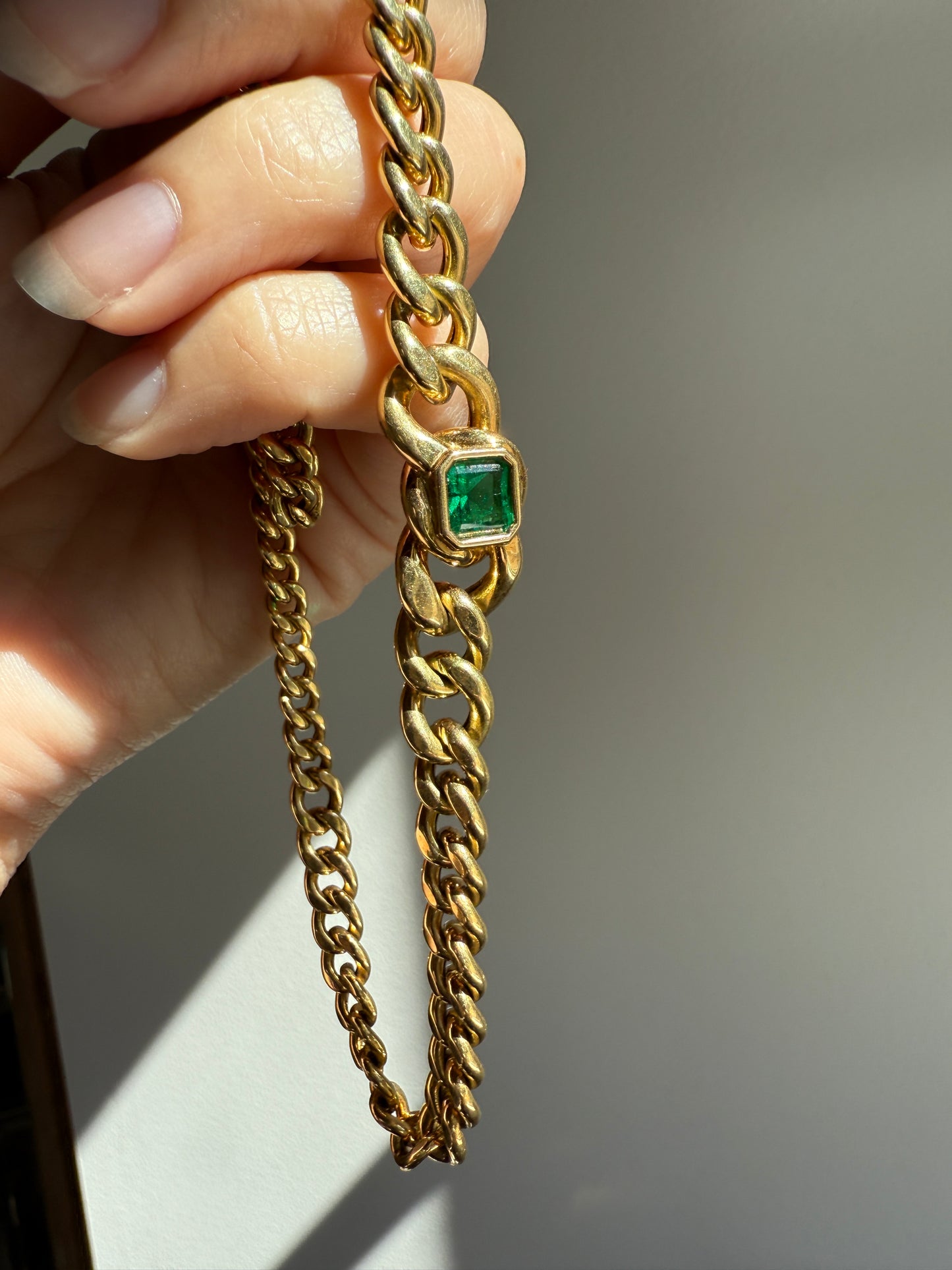 Vintage 26g 18k Gold Natural EMERALD French Curb Chain DATED Cert & ORIGINAL Gouache Drawing Design Heavy Unisex Chunky Green