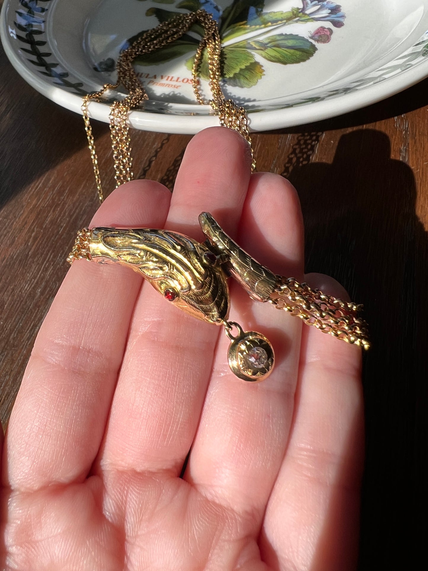 SNAKE Georgian Antique Old Mine Cut DIAMOND Four Multi Strand Cable Chain NECKLACE 18k Gold Figural Serpent Garnet Eyes