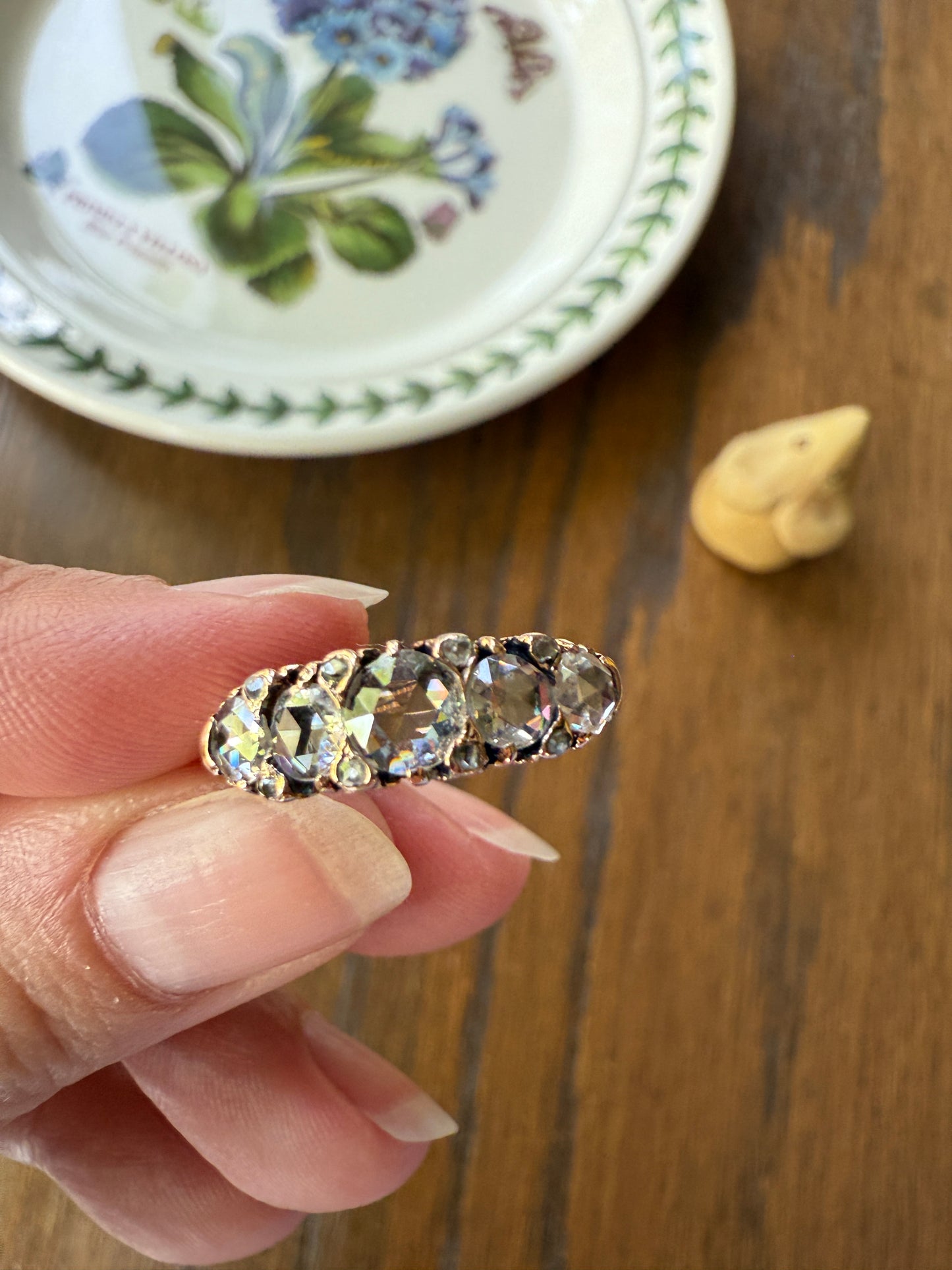 ANTIQUE Rose Cut DIAMOND Five Stone Band with Spacers Disco Ball Stacker Ring 14k Gold