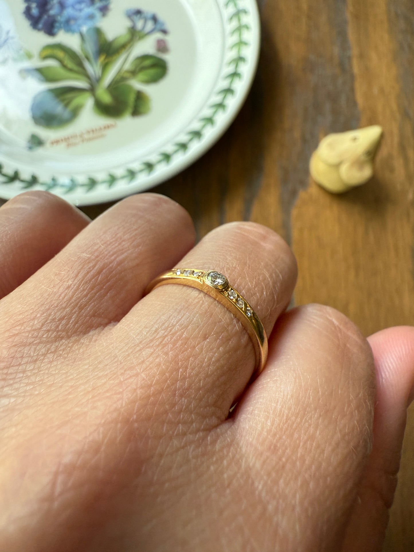 Bezel Set Vintage Skinny Band 18k Gold Solid Stacker Ring Geometric Single Cut Diamonds Seven Stone Skinniest Dainty Minimalist