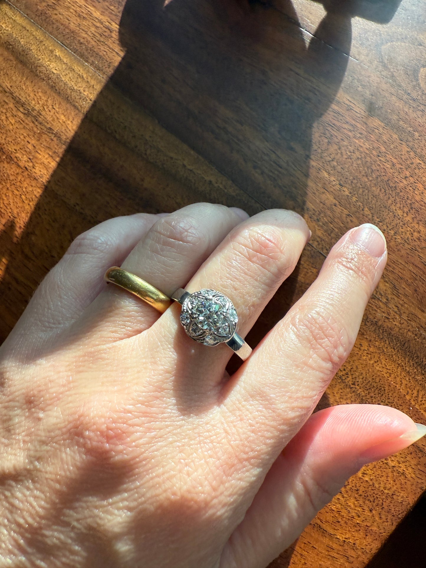 Vintage 1 Carat Tdw Antique Old European Cut Diamonds 18k White Gold Ring Scandinavian Domed Ornate Cluster Ring Art Deco Edwardian Style