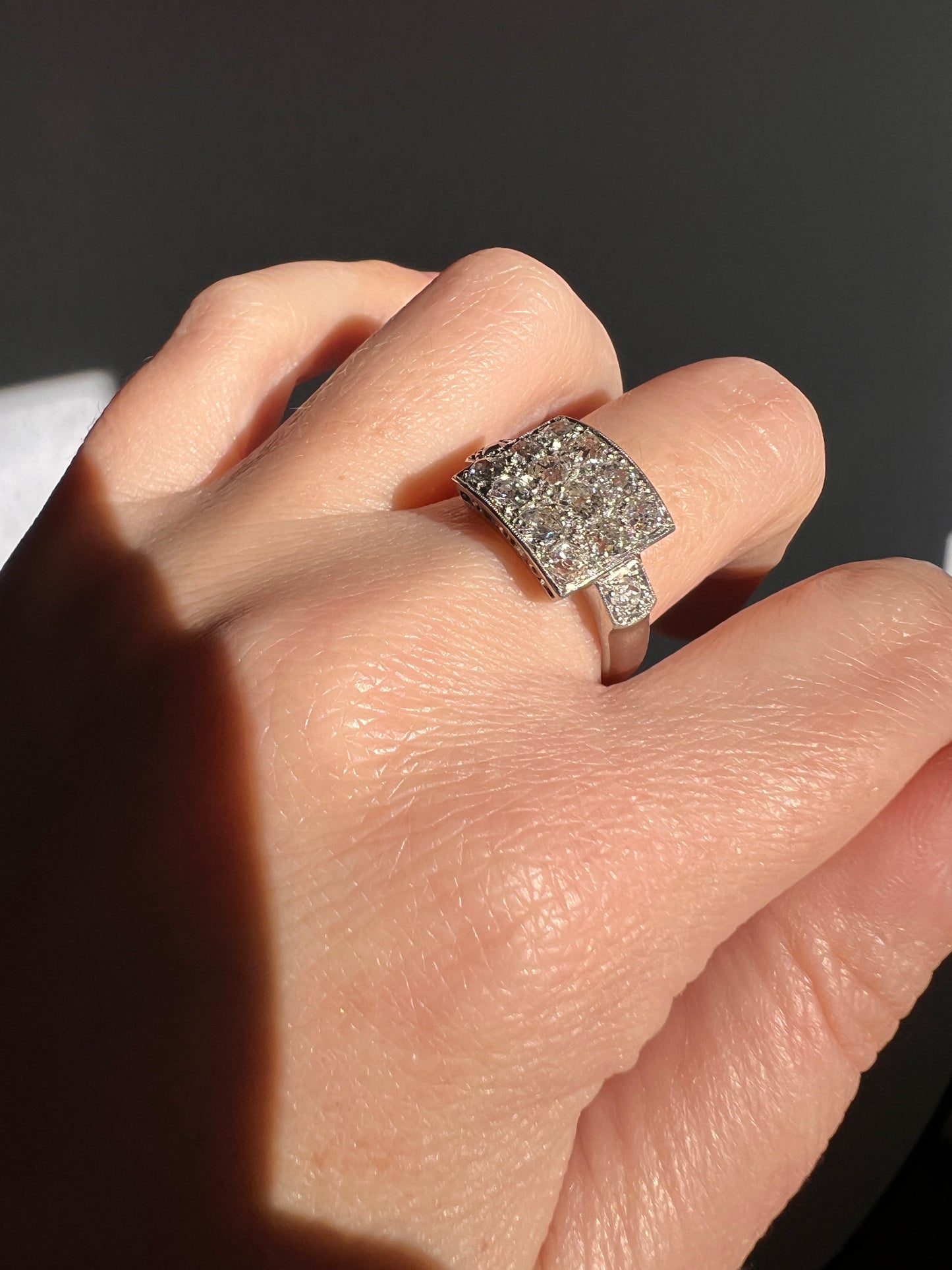 Two Carat 14 Old Mine Cut DIAMOND Curved Cluster Grid Ring French Antique Platinum Cobblestone