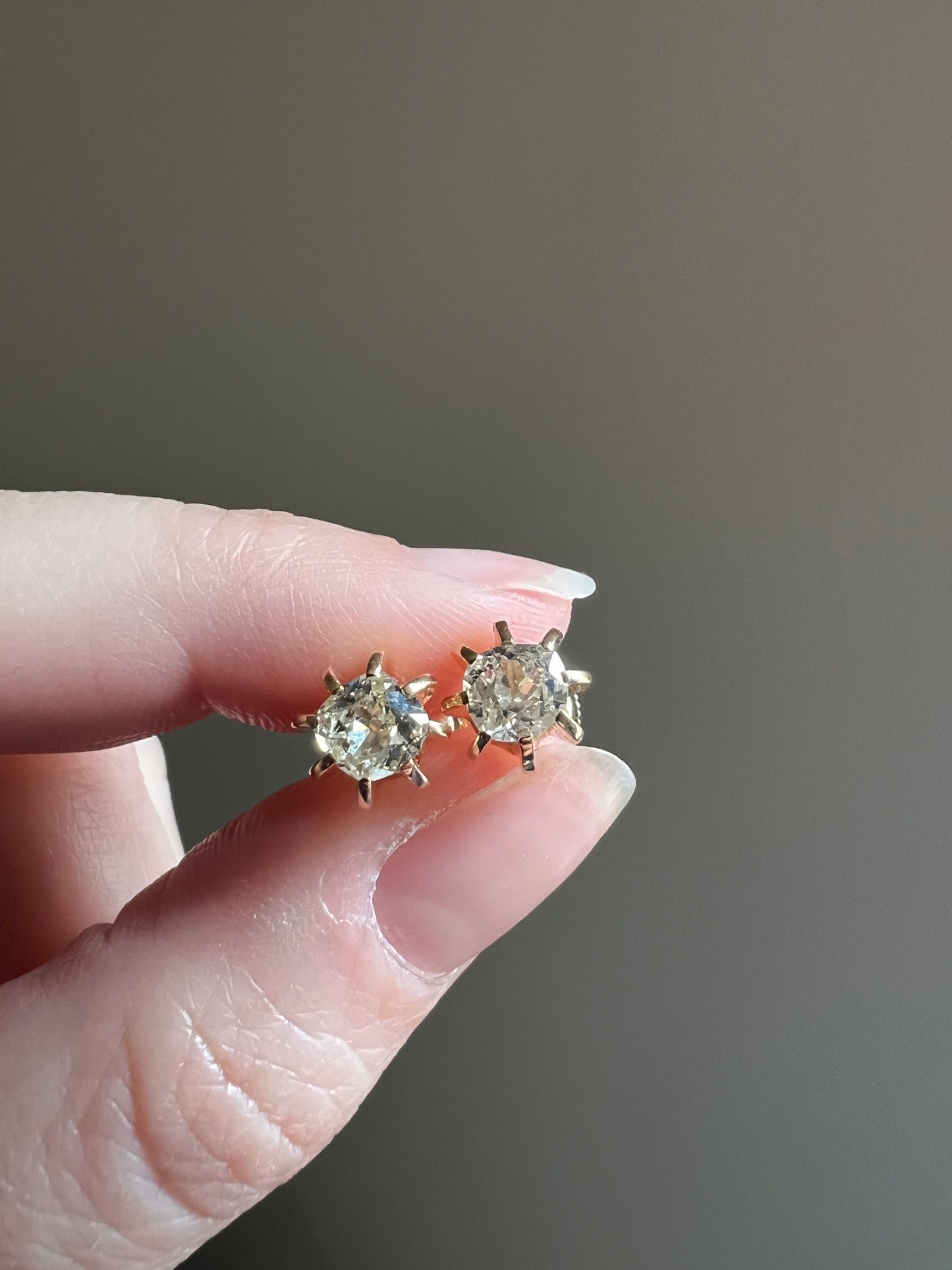 Antique Eye Clean One Carat Tdw Cushion Old Mine Cut DIAMOND Prong Stud Earrings French 18k Gold