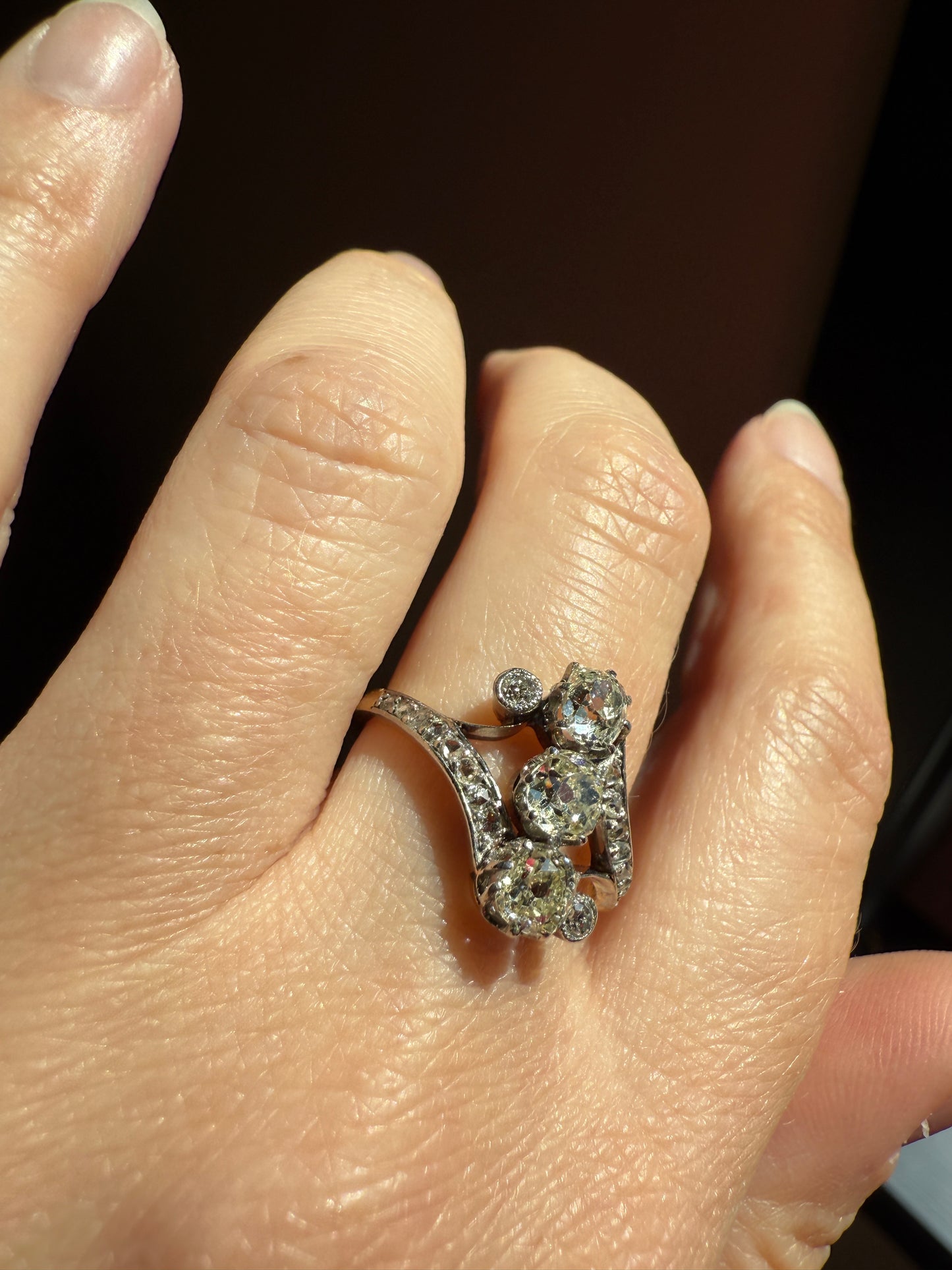 Antique 1.25 Carat Old Mine Cut DIAMOND Three Stone w/ Rose Cut French Ornate Belle Epoque Stacker 18k Gold Platinum