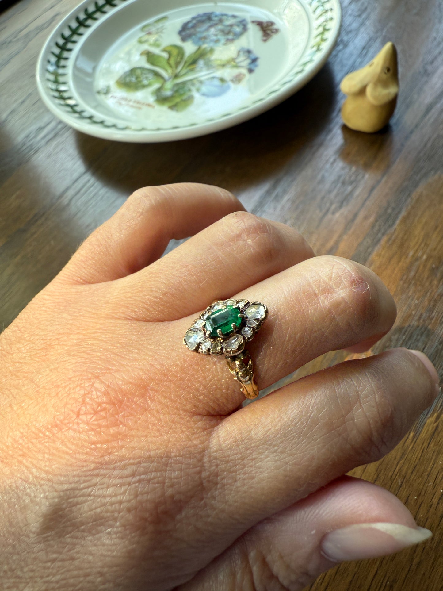BOWS Green Spinel Rose Cut DIAMOND Cluster Halo French Antique Ring 18k Gold Victorian Art Nouveau Belle Epoque