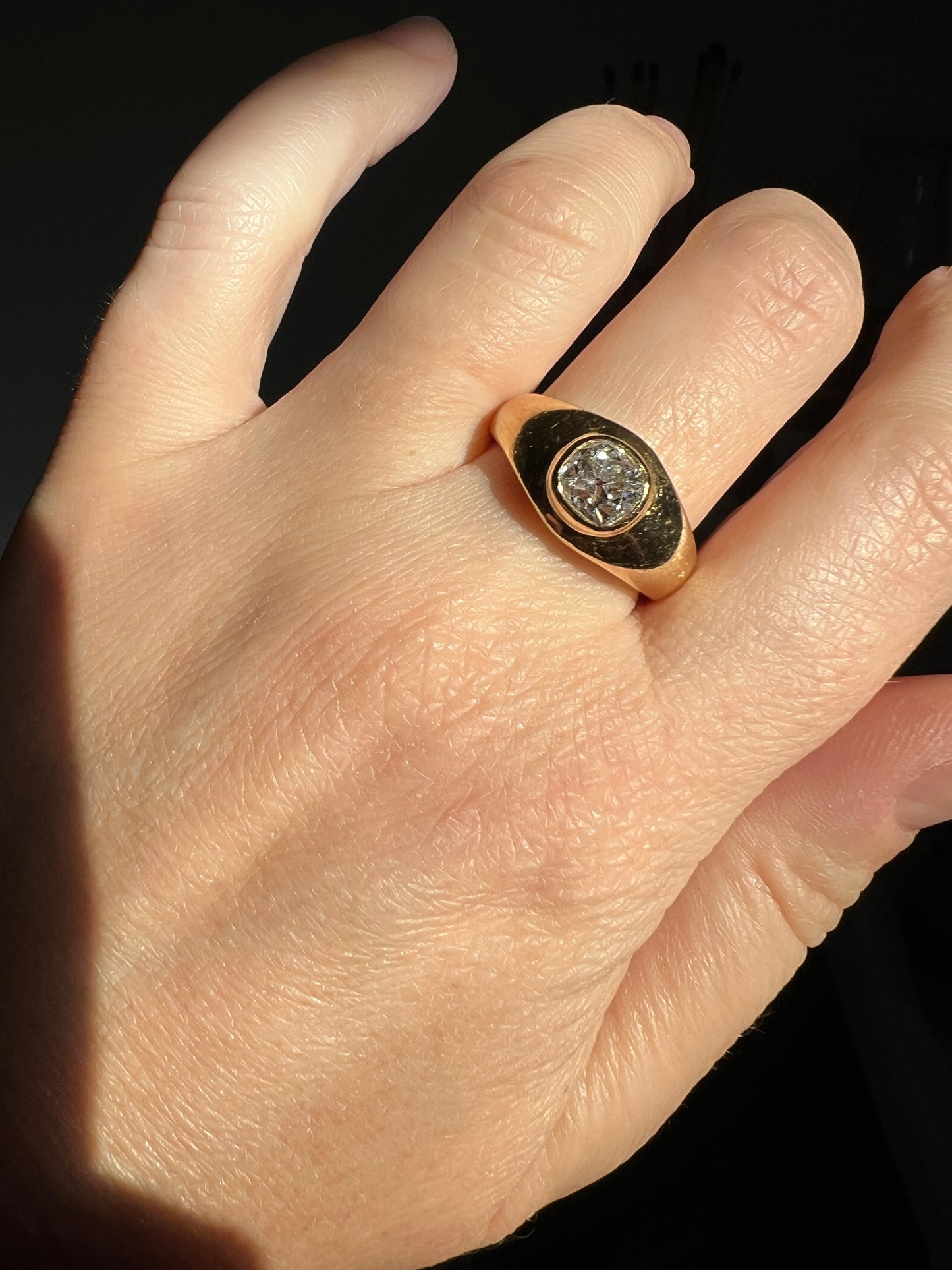 Chunky 1 Carat Antique Old Mine Cut DIAMOND Ring French 6.6g 18k Gold Gypsy Band Solitaire Unisex Man or