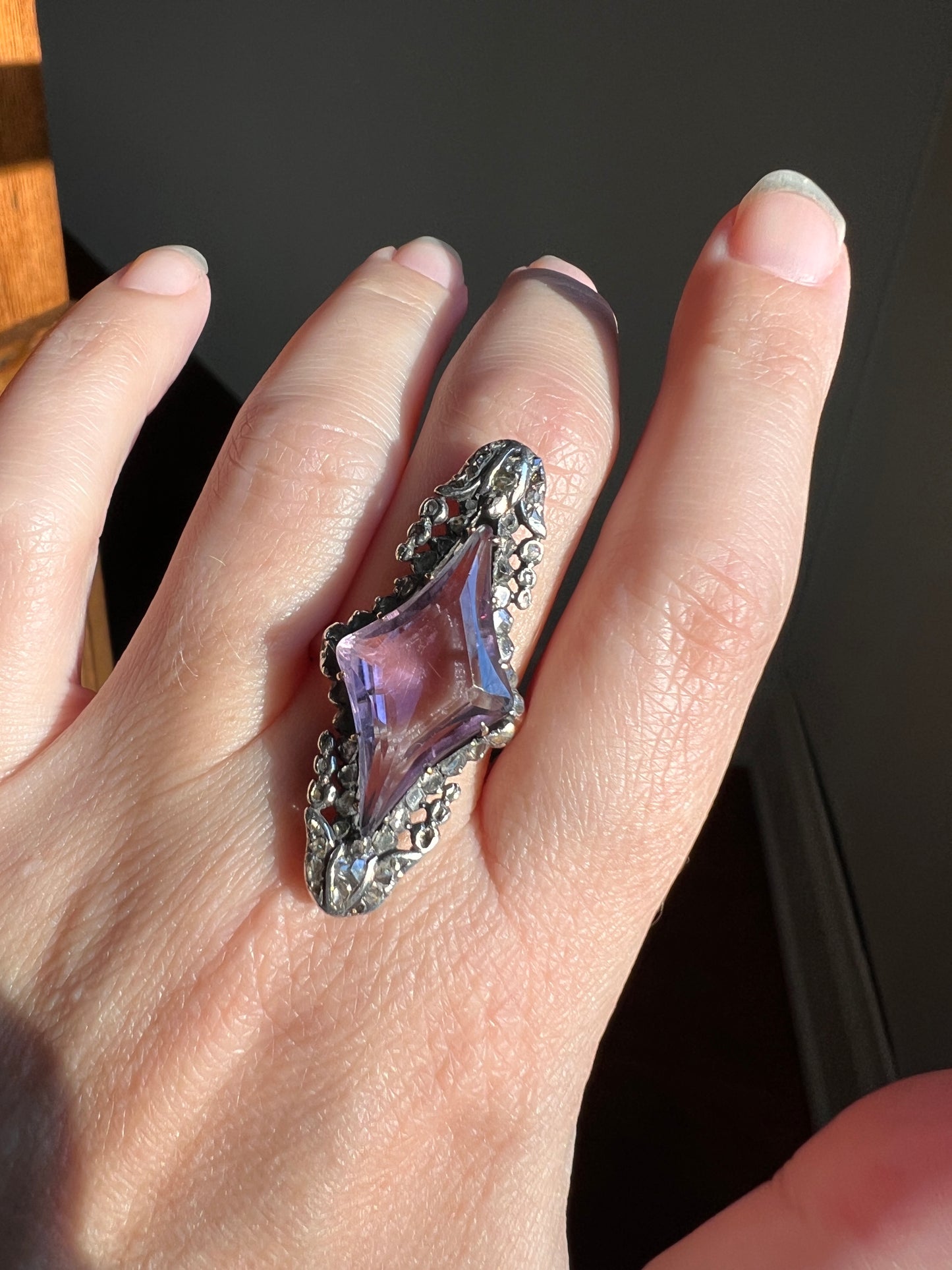 One of a Kind LARGE Flared Cut AMETHYST 62 Rose Cut DIAMONDS French Antique Ring Tulip Floral Garland 18k Rose Gold Silver