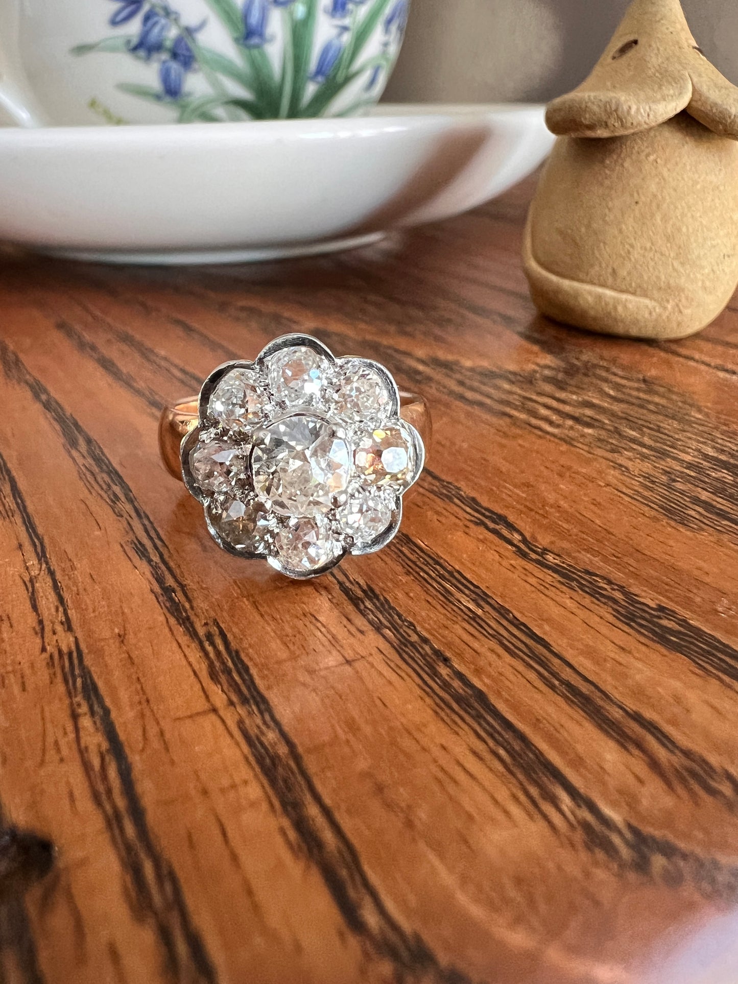 Large ANTIQUE 2.6 Carat Nine Stone Old Mine Cut Halo DiAMOND Ring 18k Gold PLATiNUM Wide Band Daisy Cluster
