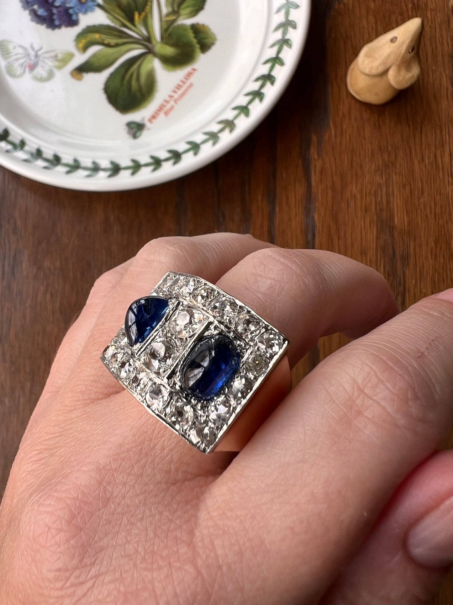 Mega 3.8 CARAT Old Mine Cut DIAMOND Two Sugarloaf Sapphire XL Heavy French Vintage 18k Gold Platinum Tank Ring Chunky Blue