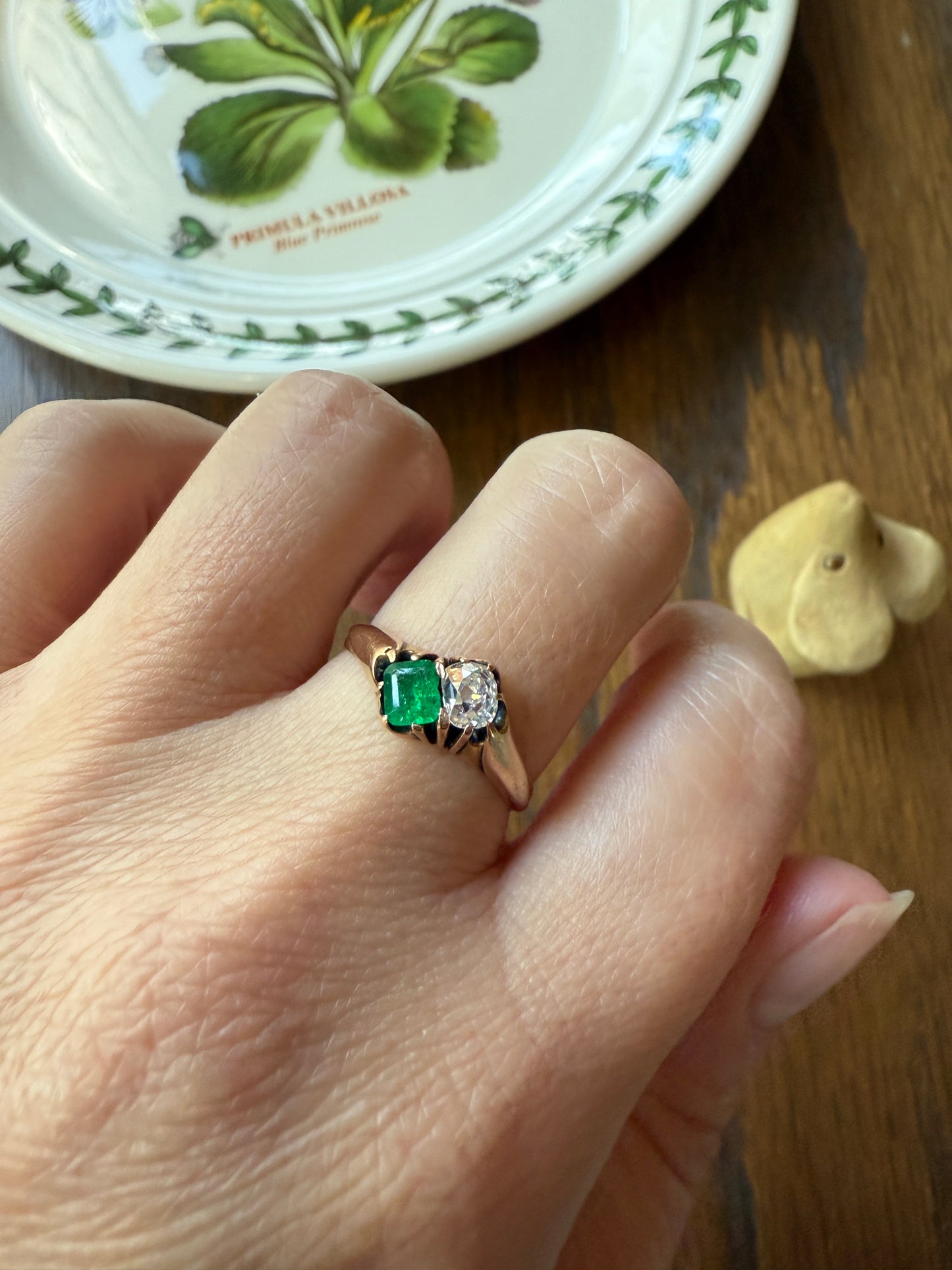 EMERALD Old Mine Cut DIAMOND Antique Toi et Moi Ring 14k Gold Angled Cushion Cut Green Stacker Chunky OMC