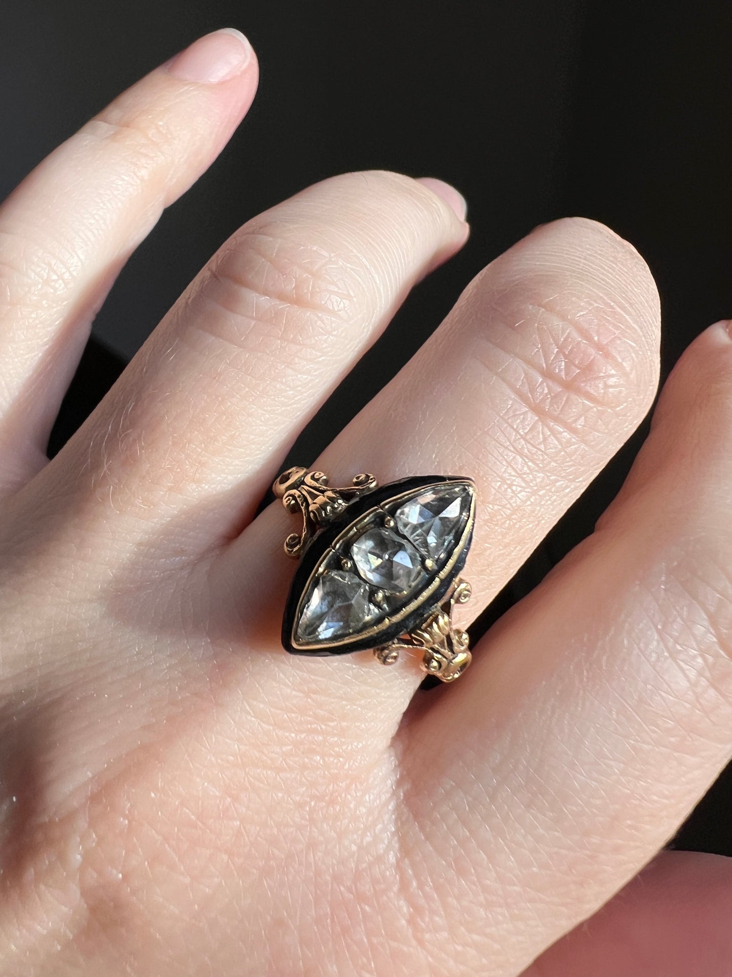 PEAR Rose Cut DIAMOND Teardrop Three Stone Black Enamel French Antique Ring 18k Gold